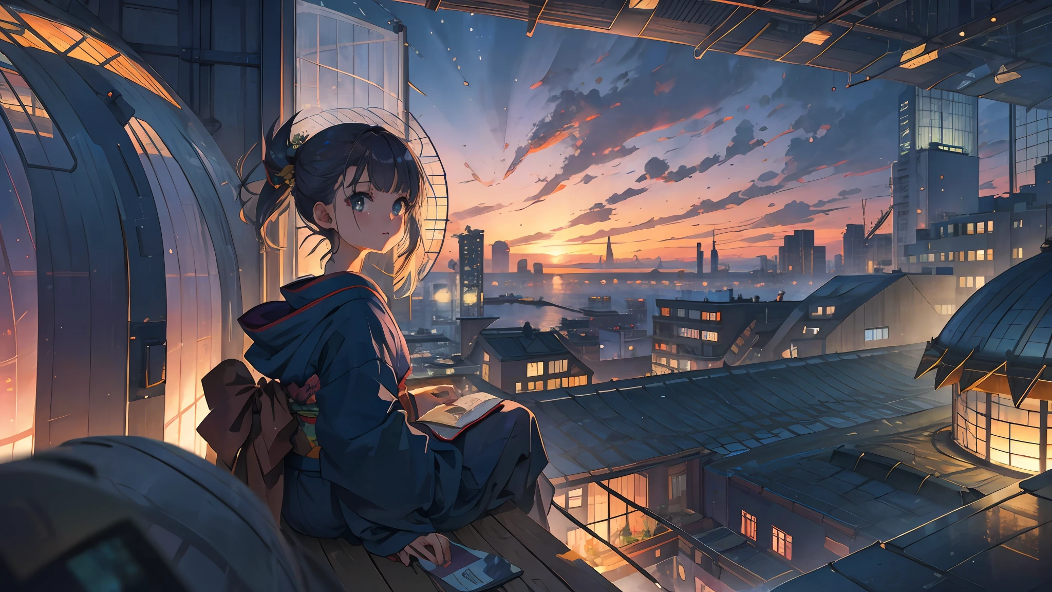 best quality, masterpiece, extremely detailed, detailed background, anime, 1girl, young girl, short girl, kimono, retro, city lansdscape, outdoors, sunset, beautiful sky, greenhouse, megastructure, bio-dome, landscape, scenery, horizon, rooftop, sitting on rooftop, wind, looking away, atmospheric lighting, solo focus, close up, from side, depth of field, bokeh
