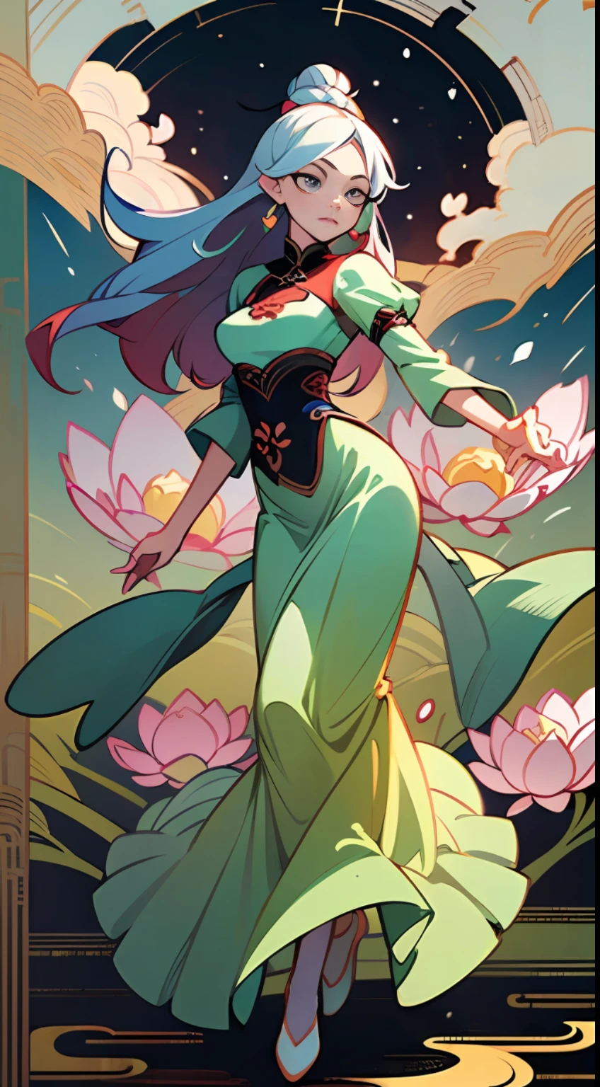 ((High-quality CG, Chinese painting style), (one female), full body picture, character standing painting, amazing facial features, a beautiful fairy dancing in the magnificent sky, beautiful and gorgeous posture, beautiful appearance like a flower, dressed in gorgeous clothes, such as the first bloom of snow lotus, eyes shining happily, full of light, brilliant magic array surrounding, containing oriental aesthetics, gorgeous fairy clothes, exquisite posture, long hair like a waterfall, white light flashing, dreamy clouds, C4D, OC rendering, movie edge light, fine light, masterpiece, super detail, epic composition, Ultra HD, high quality, 32K