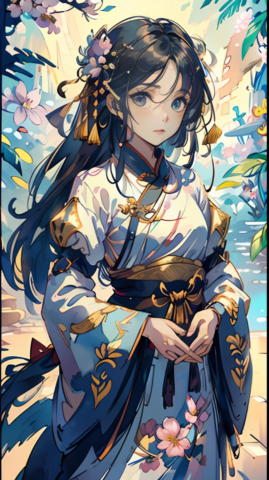 ((High-quality CG, Chinese painting style), (one female), full body picture, character standing painting, amazing facial features, a beautiful fairy dancing in the magnificent sky, beautiful and gorgeous posture, beautiful appearance like a flower, dressed in gorgeous clothes, such as the first bloom of snow lotus, eyes shining happily, full of light, brilliant magic array surrounding, containing oriental aesthetics, gorgeous fairy clothes, exquisite posture, long hair like a waterfall, white light flashing, dreamy clouds, C4D, OC rendering, movie edge light, fine light, masterpiece, super detail, epic composition, Ultra HD, high quality, 32K