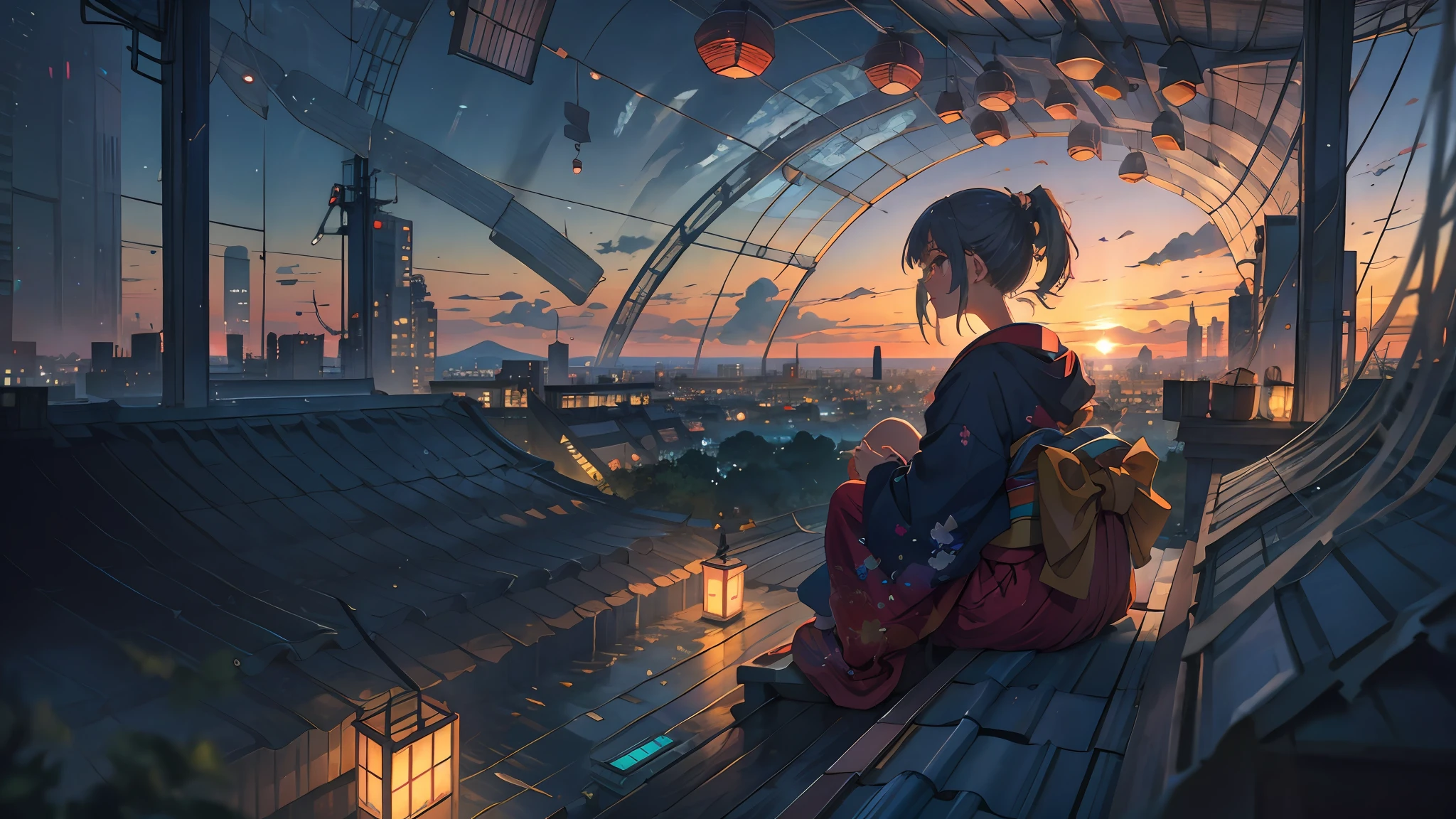best quality, masterpiece, extremely detailed, detailed background, anime, 1girl, young girl, short girl, kimono, retro, city lansdscape, outdoors, sunset, beautiful sky, greenhouse, megastructure, bio-dome, landscape, scenery, horizon, rooftop, sitting on rooftop, wind, looking away, atmospheric lighting, solo focus, close up, from side, depth of field, bokeh
