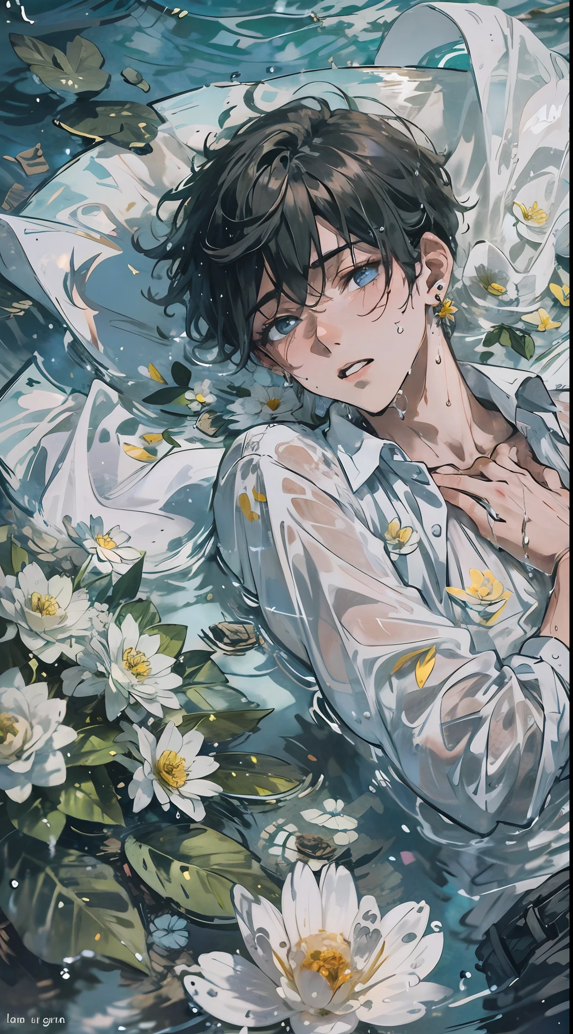 1boy, boy, ager, young man, physically based rendering, professional lighting, extreme detail, white shirt, bouquet, cross earrings, lying on water, high brightness, refreshing, soft light, ((single))), (solo), lying down, wet, transparent shirt