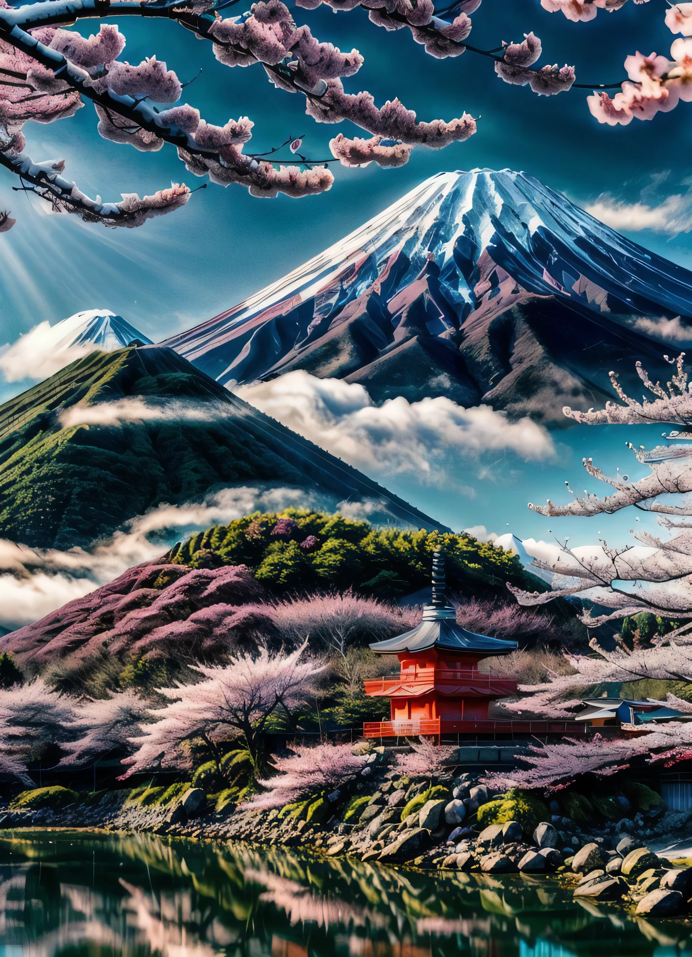 RAW photo of a Red Mt.fuji, ((solo)), (Fushimi Inari Taisha's Thousand Torii Gates in Kyoto), small details, (photorealistic:1.4), ultra-realistic photo, 8k uhd, dslr, high quality, film grain, Fujifilm XT3, (masterpiece), official art, RAW photo of a landscape, insanely detailed, hyper realistic, (photorealistic:1.4), ultra-realistic photo, 8k uhd, dslr, high quality, film grain, Fujifilm XT3, (masterpiece), Mt.fuji, (solo:1.5), (sun atop the summit:1.1), (snow-capped mountain:1.4), lush green mountain slope, clouds billowing over the mountain slopes, (a lot of cherry blossom:1.4), deep forests, several lakes, (mist drifting over the lake:1.2), midday, milky way, twinkling stars, Deep Focus,
