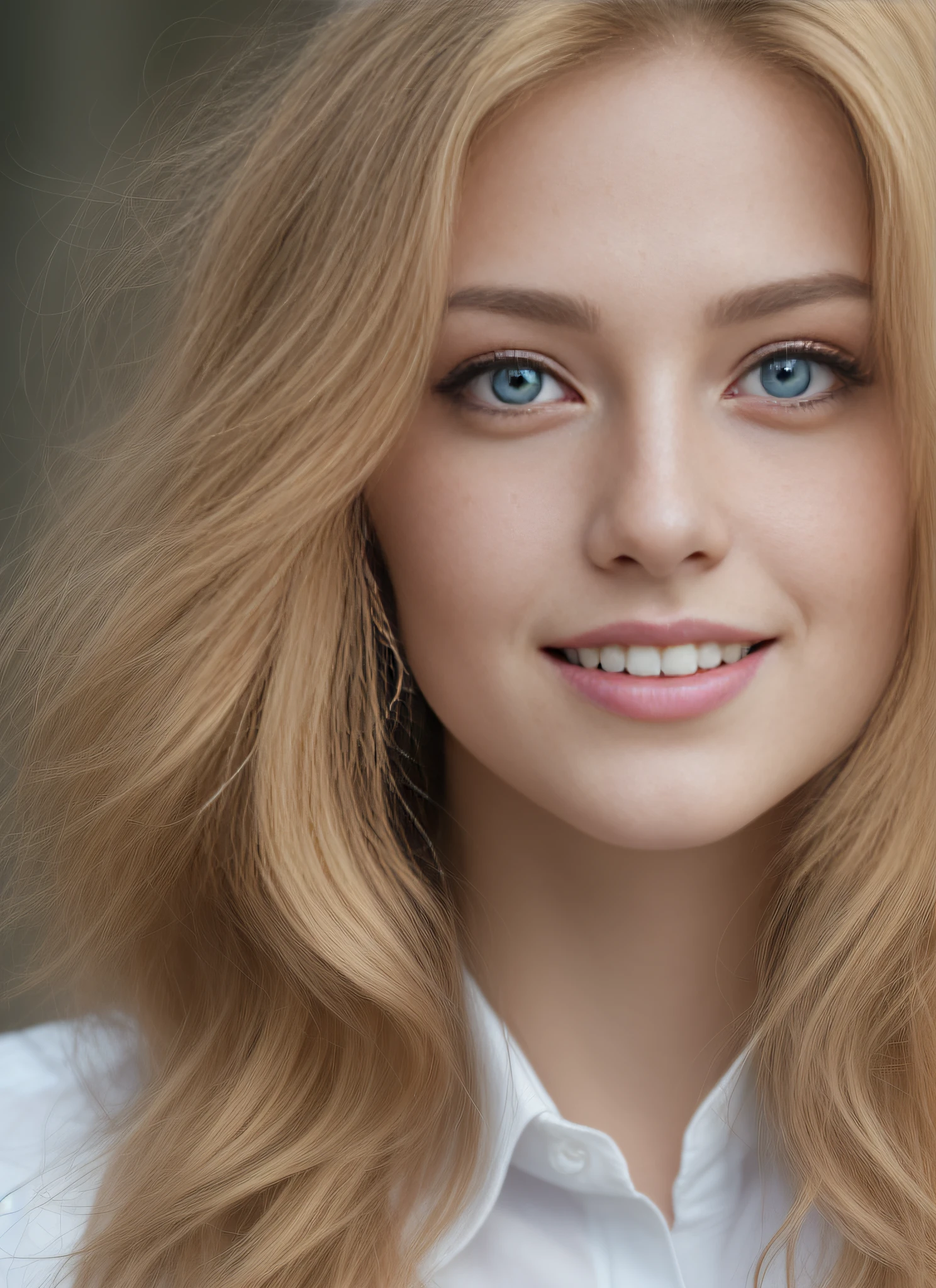 masterpiece, realistic, detailed eyes, beautiful, looking at the viewer, natural lighting, depth of field, film grain, wrinkled skin, 24yo, female, solo, wavy long blonde hair, blue eyes, white, formal shirt, freckles, smile, lips, upper body, Portrait, Close-up, Front view, Exterior