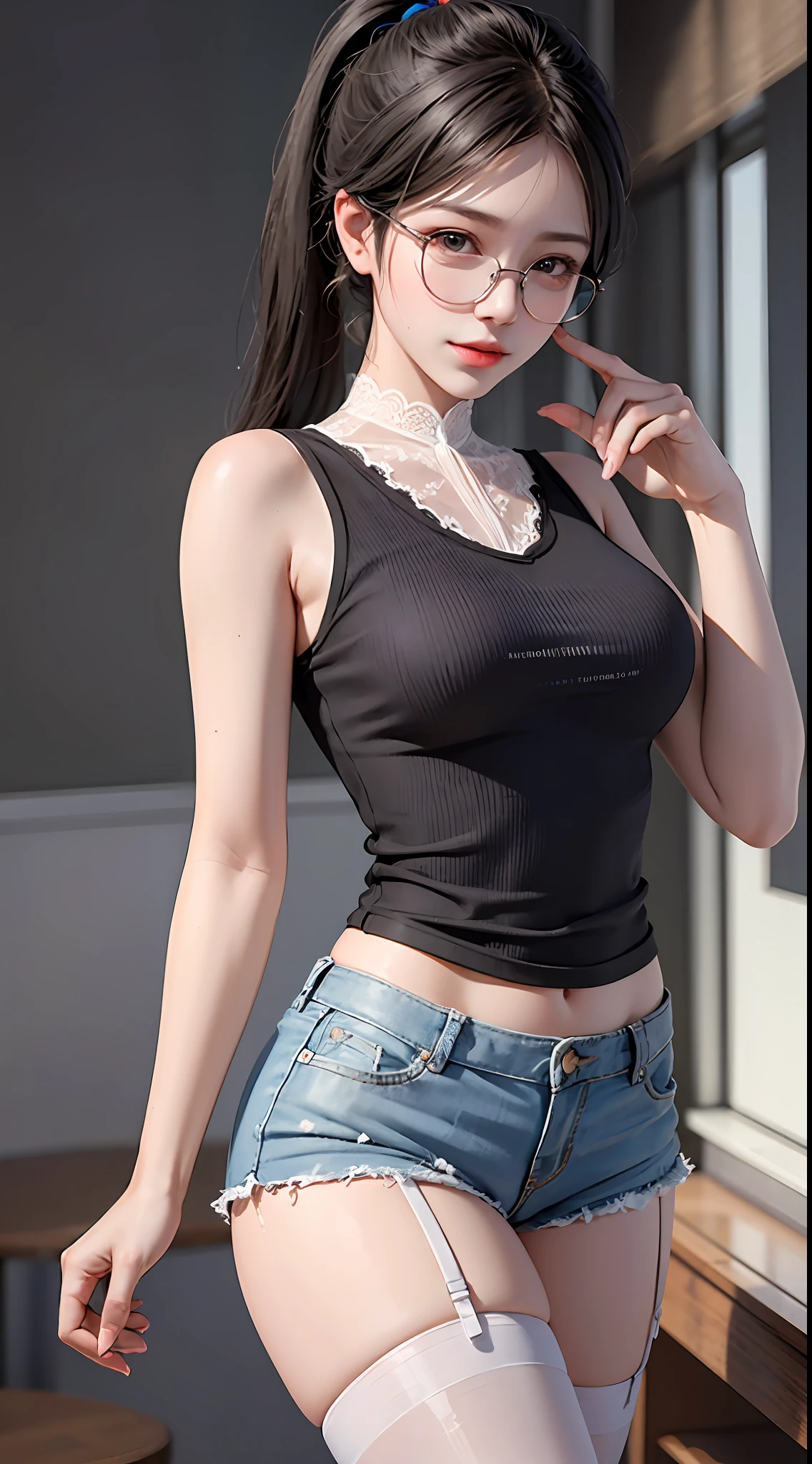 Street, single ponytail, side ponytail, high ponytail, tall figure, long legs, (sleeveless lace shirt), (shorts), (striped stockings)), ((striped stockings)), walking, elegant, dignified, feminine, curvaceous, sweet smile, strong sense of detail and layering, rich gorgeous colors, with unique texture, rich colors, color harmony, vivid painting, design art, 16k, super detailed, {{illustration}}, {extremely refined and beautiful}, {exquisite finish}, Ultra-detailed, delicate glowing eyes, {{cinematic light}}, extreme light effects, Model: cinematic realism, CFG scale: 12, LoRA: Bright texture (1.35), high quality, masterpiece, delicate facial features, delicate hair portrayal, delicate eye portrayal, masterpiece, highest quality, ray tracing, extremely detailed CG unity 8k wallpaper, masterpiece, best quality, (1 girl), perfect female body, (((tight white t-shirt))), beautiful eyes, (delicate face), short black hair, hair tied up, light blue hairpin, black silk border glasses, in the classroom, (fair skin), (best lighting), (super complex details), 4K unity, (super detailed CG), exposed fair legs, stockings, hot pants, shorts,