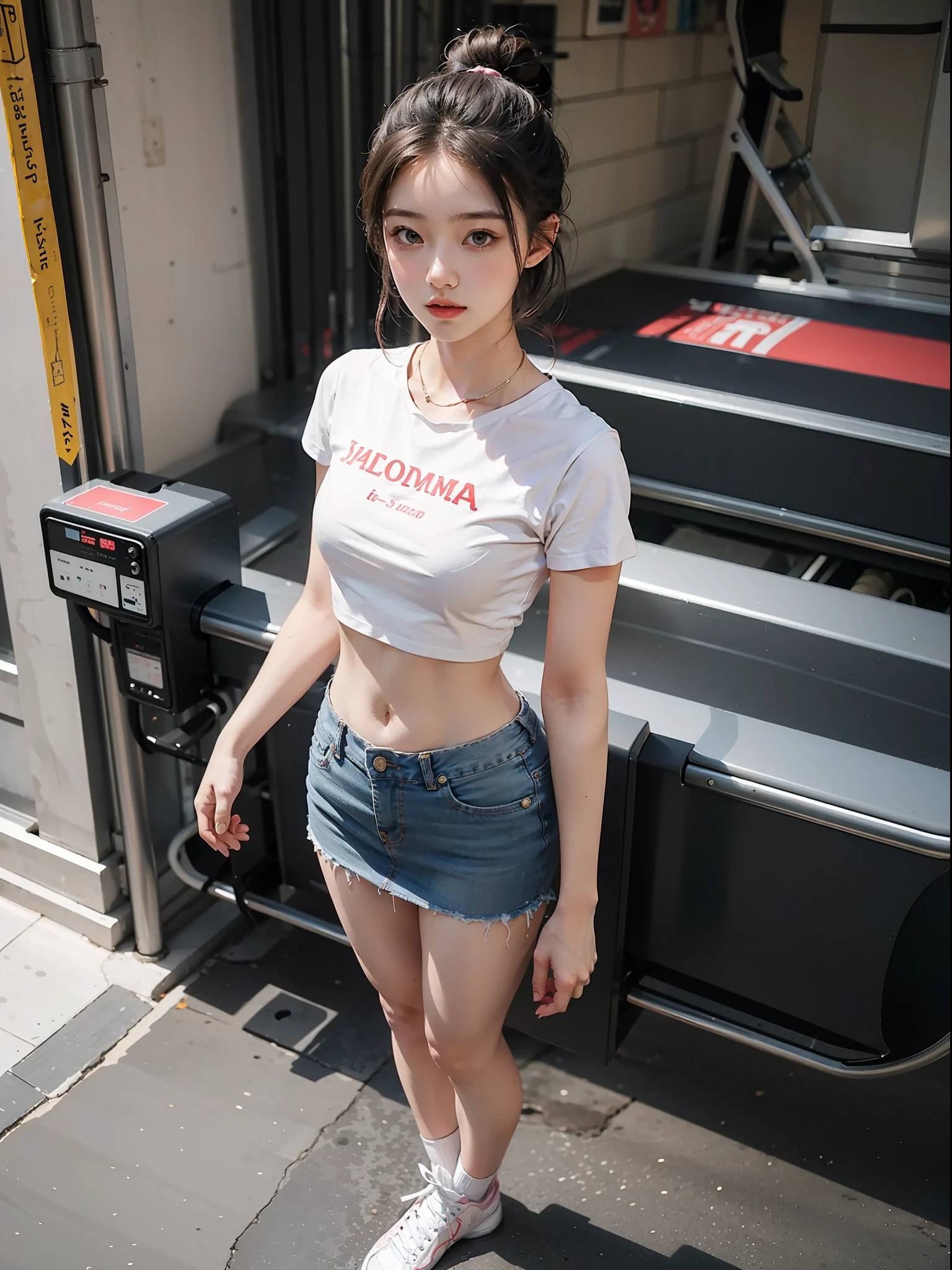 Best quality, full body portrait, delicate face, 18 year old girl, slim figure, small bust, white crop top T-shirt, waist pink denim skirt, gymnasium scene, standing tall