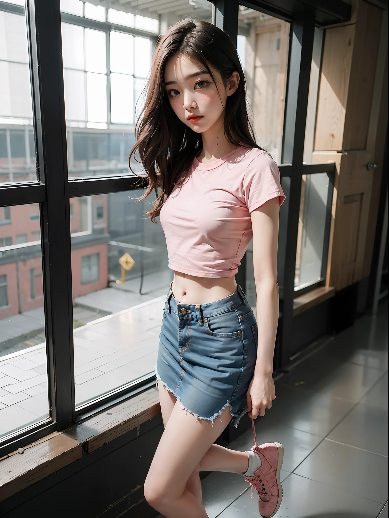 Best quality, full body portrait, delicate face, 18 year old girl, slim figure, small bust, white crop top T-shirt, waist pink denim skirt, gymnasium scene, standing tall