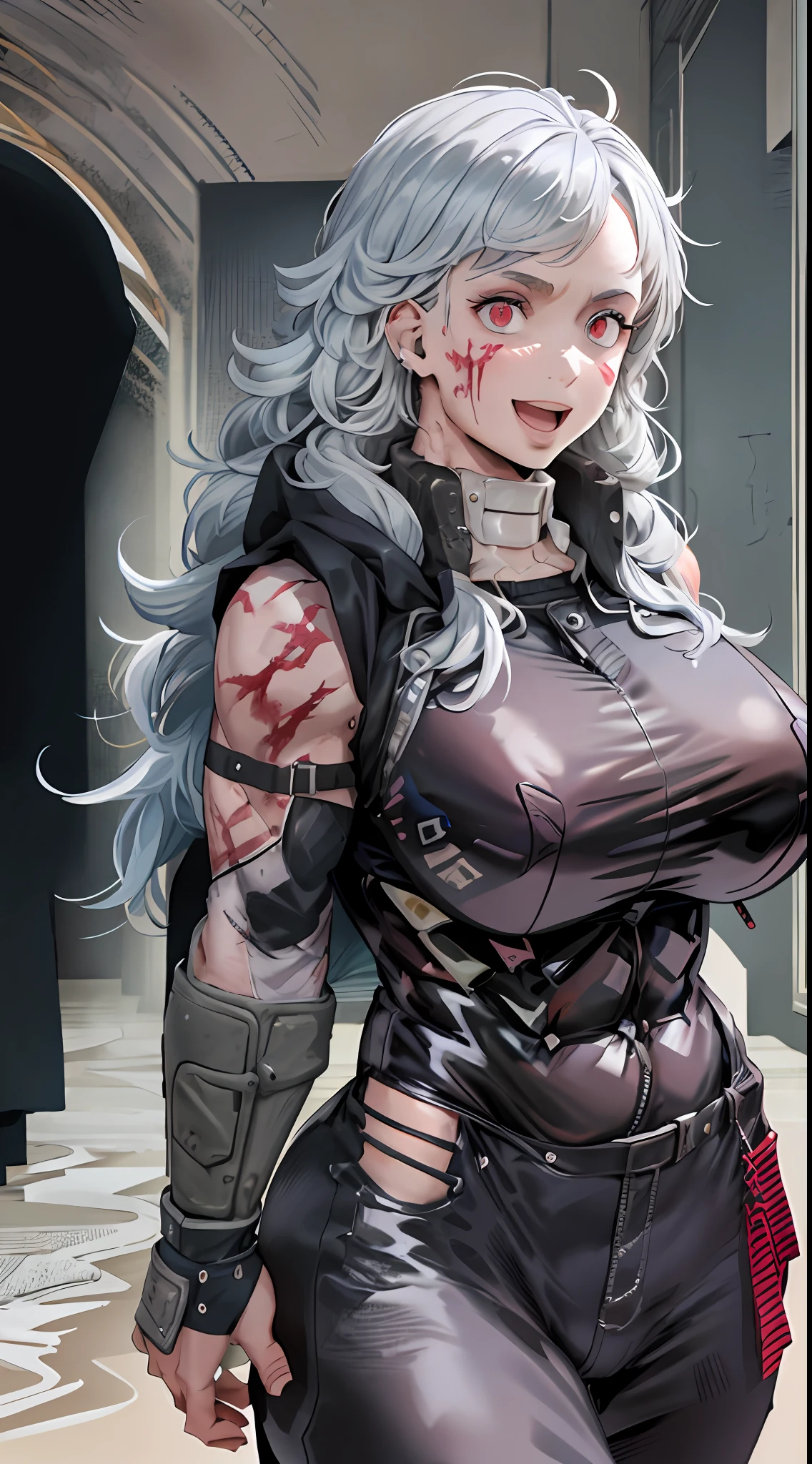 nous_Dorohedoro, nous, Muscular girl, huge chest, grande femme, priestess, Art martial, modeste, fully clothed, curved,, pantalon, manteau, priestess, saint, , sourire, manteau, medieval, unmasked, Maintenant, manteau,, Combinaison nousre, sourire, ouvrir bouche
