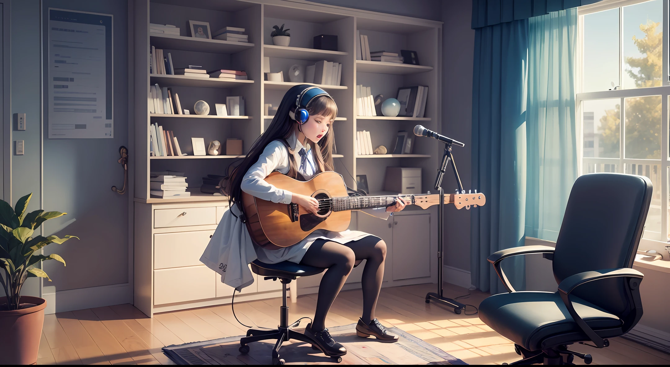 by mooncryptowow, one giving singing lessons works in a music room with computers, she is trained to control artificial intelligence for voice conversion, the environment is a clean room where order, ultra-realistic representation --auto --s2
