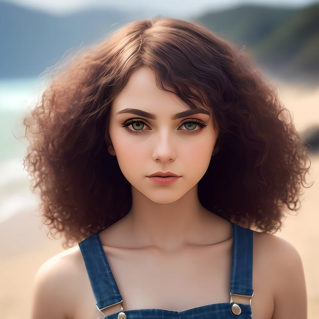 (Sharp focus: 1,2), photo, Attractive young woman, (beautiful face: 1,1), Detailed eyes, juicy lips, (Cat's eye makeup: 0,85), (Big eyes: 1,0), (Toned body: 1,2), (curly hair: 1,2), To wear (overalls: 1,2) upon (beach: 1,2). (Gloomy lighting: 1,2), depth of field, bokeh, 4K, HDR. author (James K. Christensen: 1.2 | Jeremy Lipking: 1.1).