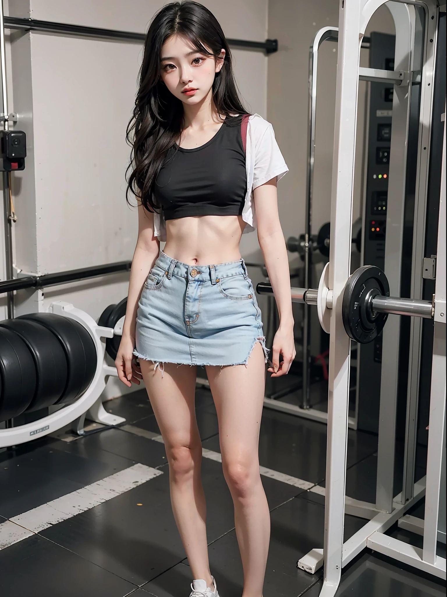 Best quality, full body portrait, delicate face, 18 year old girl, slim figure, small bust, white crop top T-shirt, waist pink denim skirt, gymnasium scene, standing tall