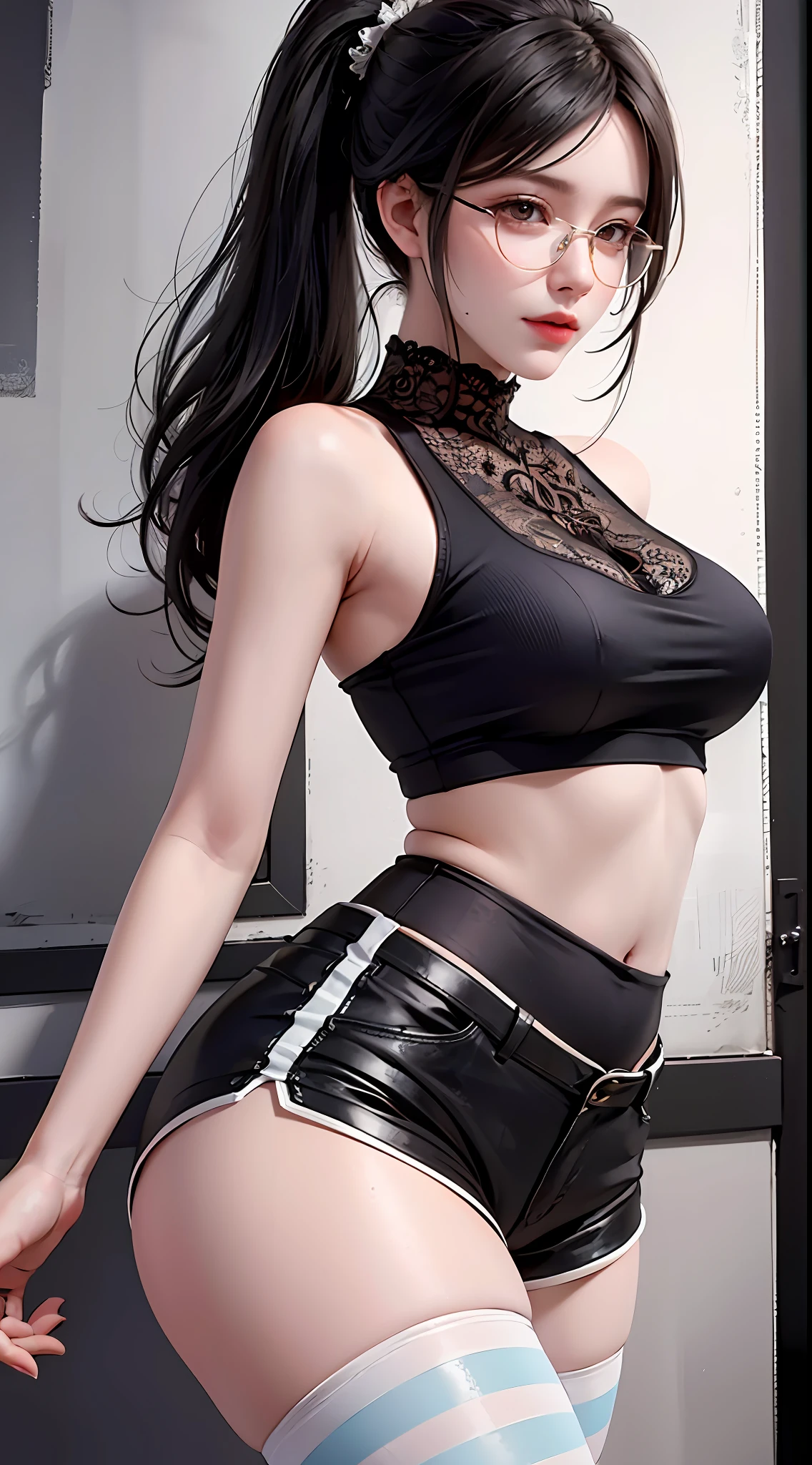 Street, single ponytail, side ponytail, high ponytail, tall figure, long legs, (sleeveless lace shirt), (shorts), (striped stockings)), ((striped stockings)), walking, elegant, dignified, feminine, curvaceous, sweet smile, strong sense of detail and layering, rich gorgeous colors, with unique texture, rich colors, color harmony, vivid painting, design art, 16k, super detailed, {{illustration}}, {extremely refined and beautiful}, {exquisite finish}, Ultra-detailed, delicate glowing eyes, {{cinematic light}}, extreme light effects, Model: cinematic realism, CFG scale: 12, LoRA: Bright texture (1.35), high quality, masterpiece, delicate facial features, delicate hair portrayal, delicate eye portrayal, masterpiece, highest quality, ray tracing, extremely detailed CG unity 8k wallpaper, masterpiece, best quality, (1 girl), perfect female body, (((tight white t-shirt))), beautiful eyes, (delicate face), short black hair, hair tied up, light blue hairpin, black silk border glasses, in the classroom, (fair skin), (best lighting), (super complex details), 4K unity, (super detailed CG), exposed fair legs, stockings, hot pants, shorts,