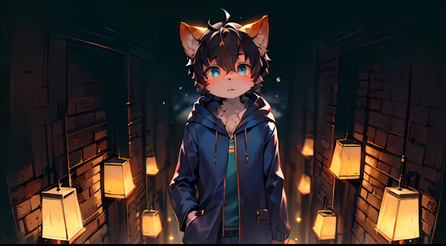 (Snow Environment: 0.8), Masterpiece, High Quality, Abstract Res, Digital Painting\(Artwork\), by Dagasi, Yupa, Kiyosan, (Anthro, Fluffy Fur, Character Focus: 1.1), Anthro Male Cat, Short Hair, Portrait , bright eyes, panorama, character focus. ( Solo, Furry, Furry Male, Cat, Black Fur, Gray Pattern, Blue Coat, Fluffy Shorts, Blue Eyes, Black Hair, Shoes, Wide Coat, White Shirt, Introverted, Silent, Held from Behind by a Werewolf.)