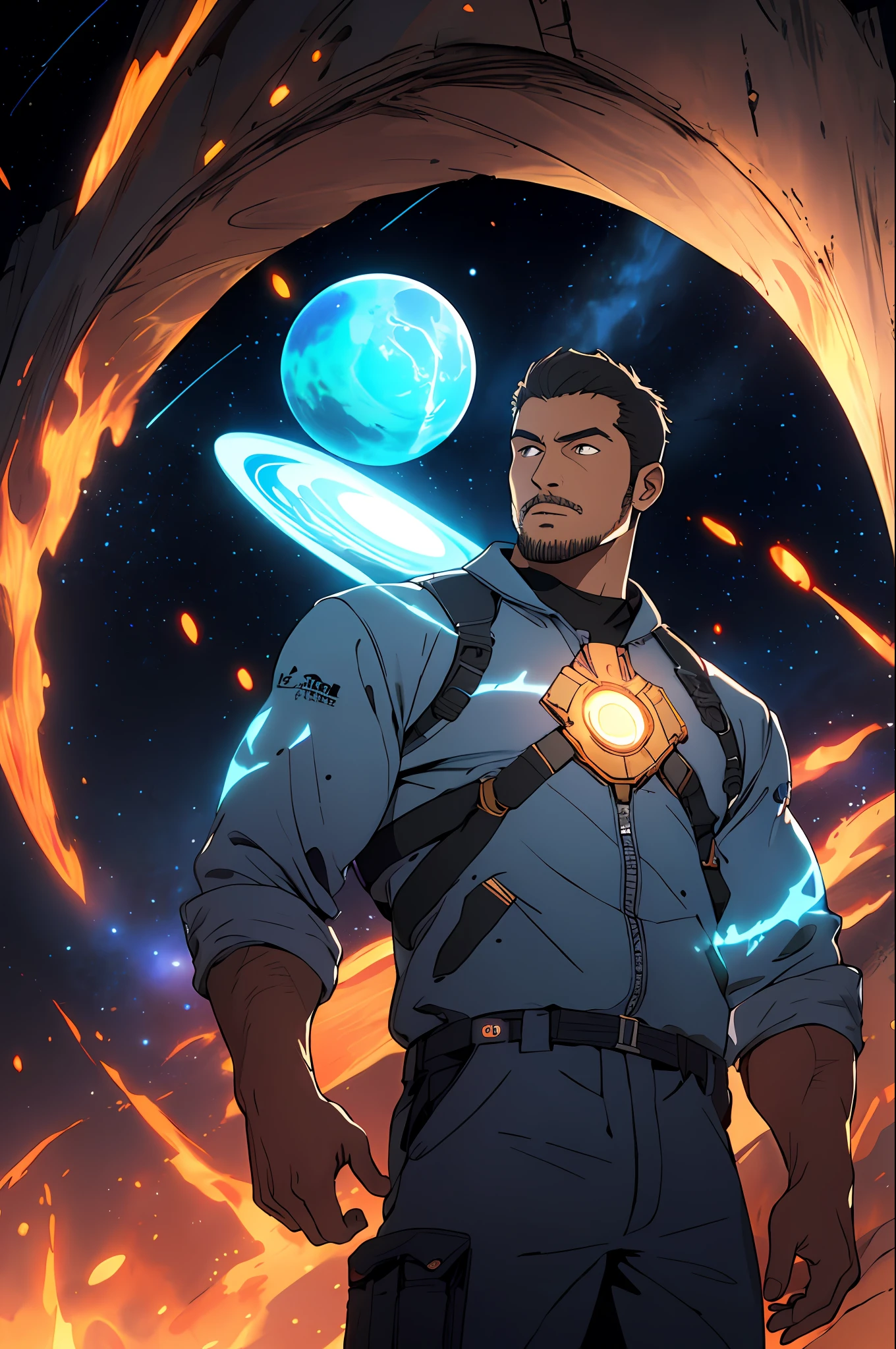 Desenhe um jovem heroi galatico sentado em uma plataforma de pesquisa flutuando no meio de um universo . He's got several spheres , surrounded by several asteroids glowing with auras of fire. The dramatic illumination of distant stars and planets illuminates the scene, casting deep shadows on the costume. O jovem parece confiante e determinado, looking at the vast and mysterious universe with admiration and respect, barba, tiro de cowboy,