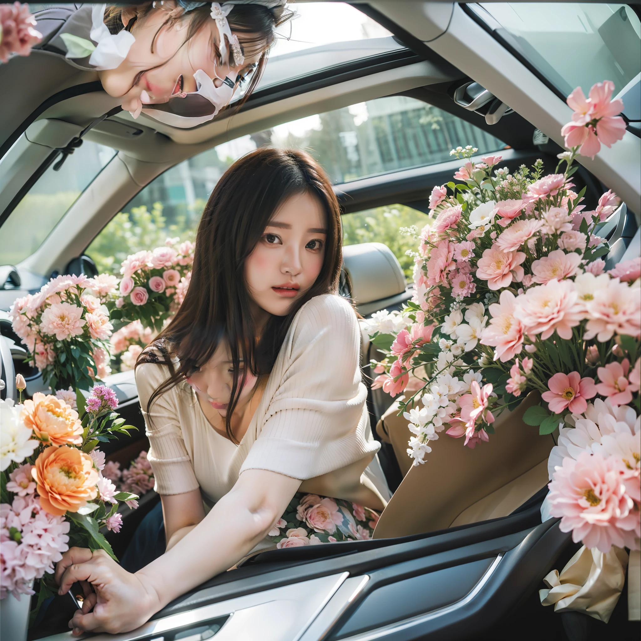 there is a woman sitting in a car with flowers around her, by Tan Ting-pho, with flowers, sitting with flowers, full of flowers, woman in flowers, gemma chen, covered in flowers, girl in flowers, covered with flowers, wenfei ye, album art, sha xi, sitting in her car, with frozen flowers around her