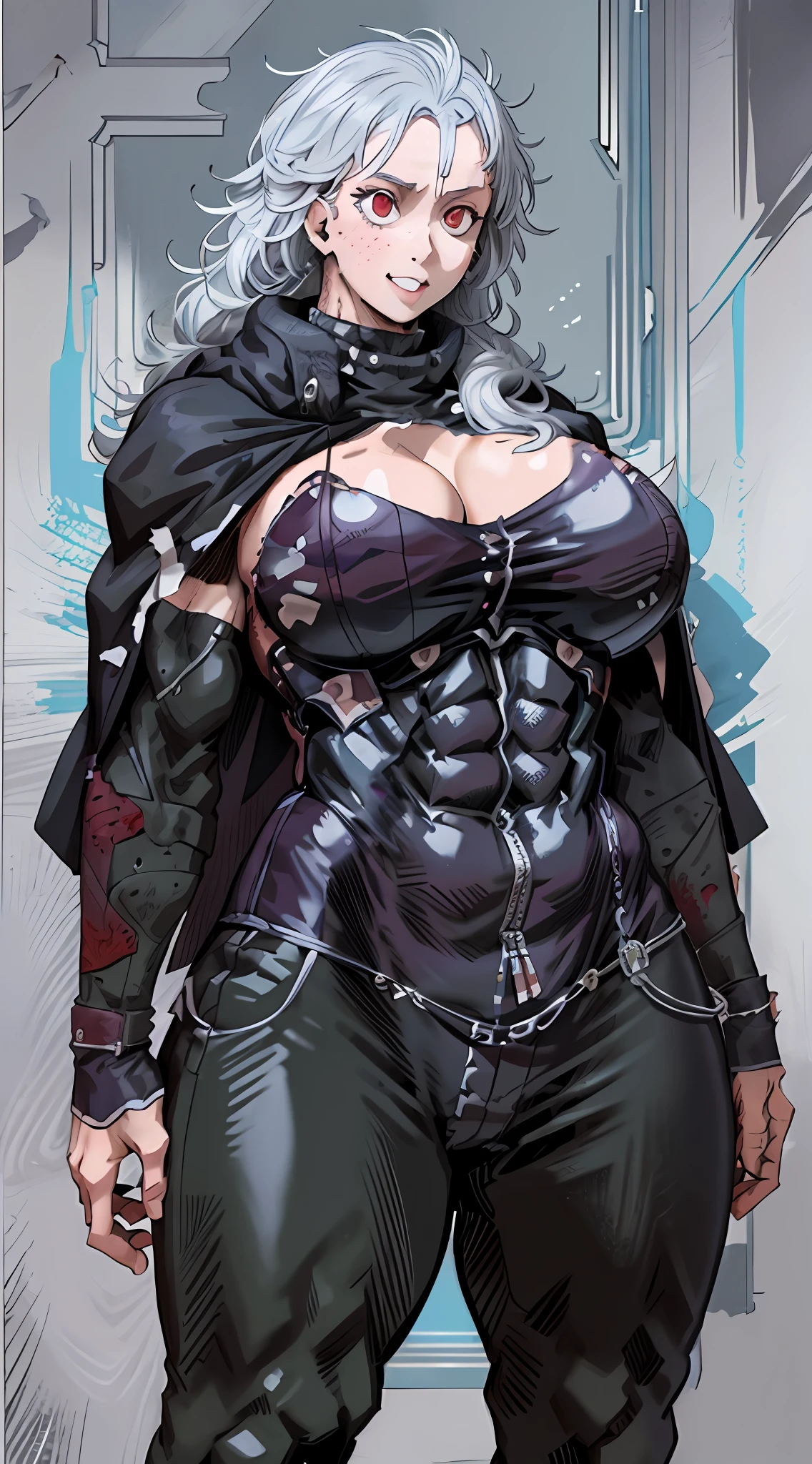 nous_Dorohedoro, nous, Muscular girl, huge chest, grande femme, priestess, Art martial, modeste, fully clothed, curved,, pantalon, manteau, priestess, saint, , sourire, manteau, medieval, unmasked, Maintenant, manteau,, Combinaison nousre, sourire, ouvrir bouche