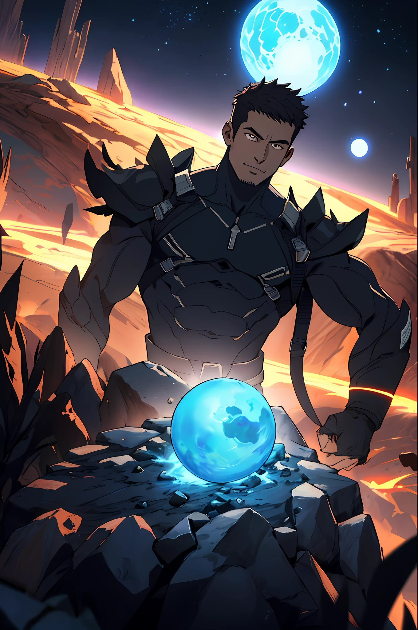 Desenhe um jovem heroi galatico sentado em uma plataforma de pesquisa flutuando no meio de um universo . He's got several spheres , surrounded by several asteroids glowing with auras of fire. The dramatic illumination of distant stars and planets illuminates the scene, casting deep shadows on the costume. O jovem parece confiante e determinado, looking at the vast and mysterious universe with admiration and respect, barba, tiro de cowboy,