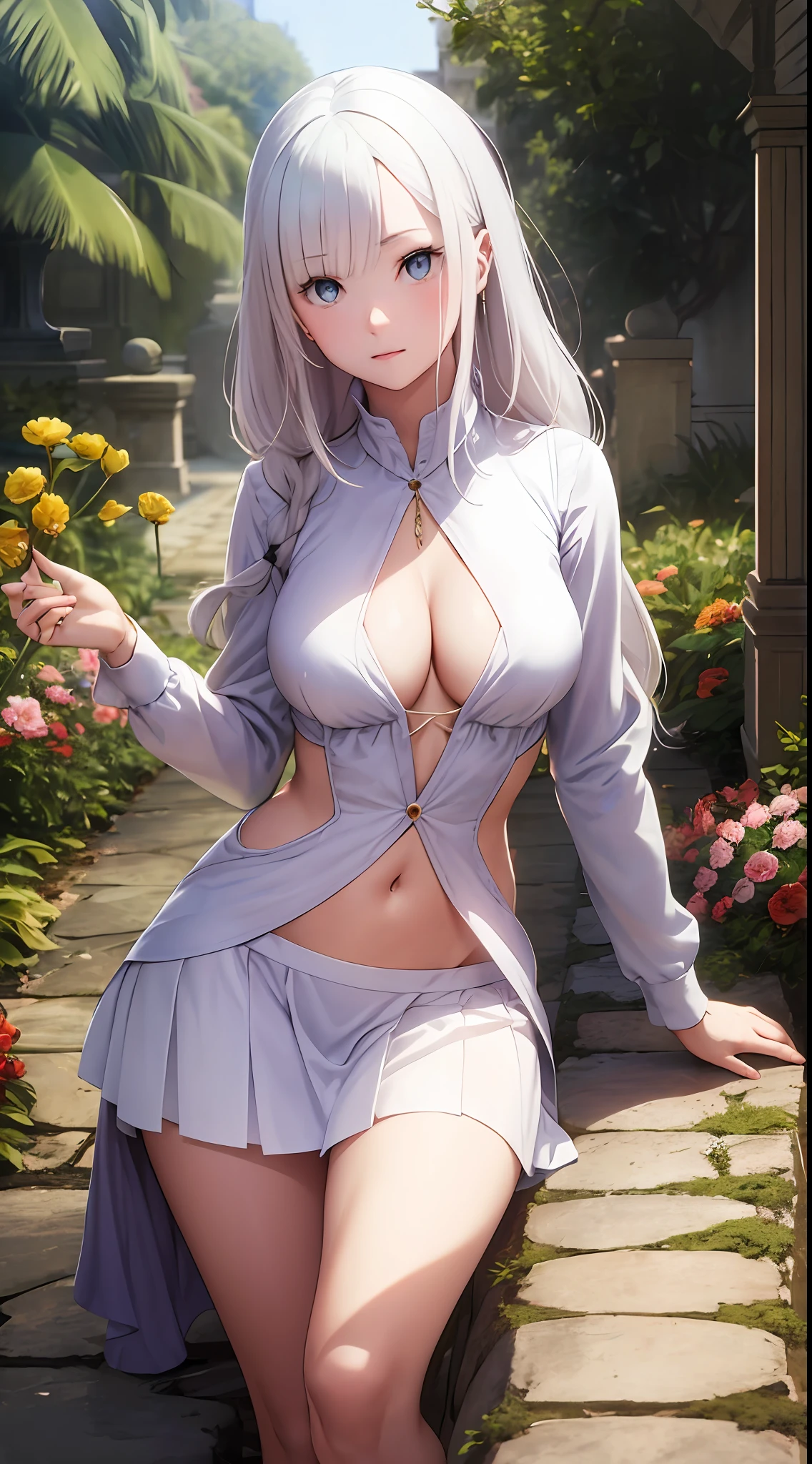 White hair, short skirt, cleavage, medium breast, navel, long hair, slim legs, emilia, beautiful eyes, sunny day, garden