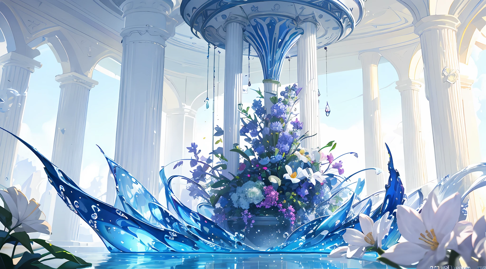 Wallpaper, fantasy hanging garden, blue sky, floating sea of flowers, colorful flowers. Crystal Fountain, HD Detail, Wet Watermark, Ultra Detail, Cinematic, Hyper Realism, Soft Light, Deep Field Focus Bokeh, Ray Tracing, Diffuse (extra fine glass reflections) and Hyper Realism. --v6