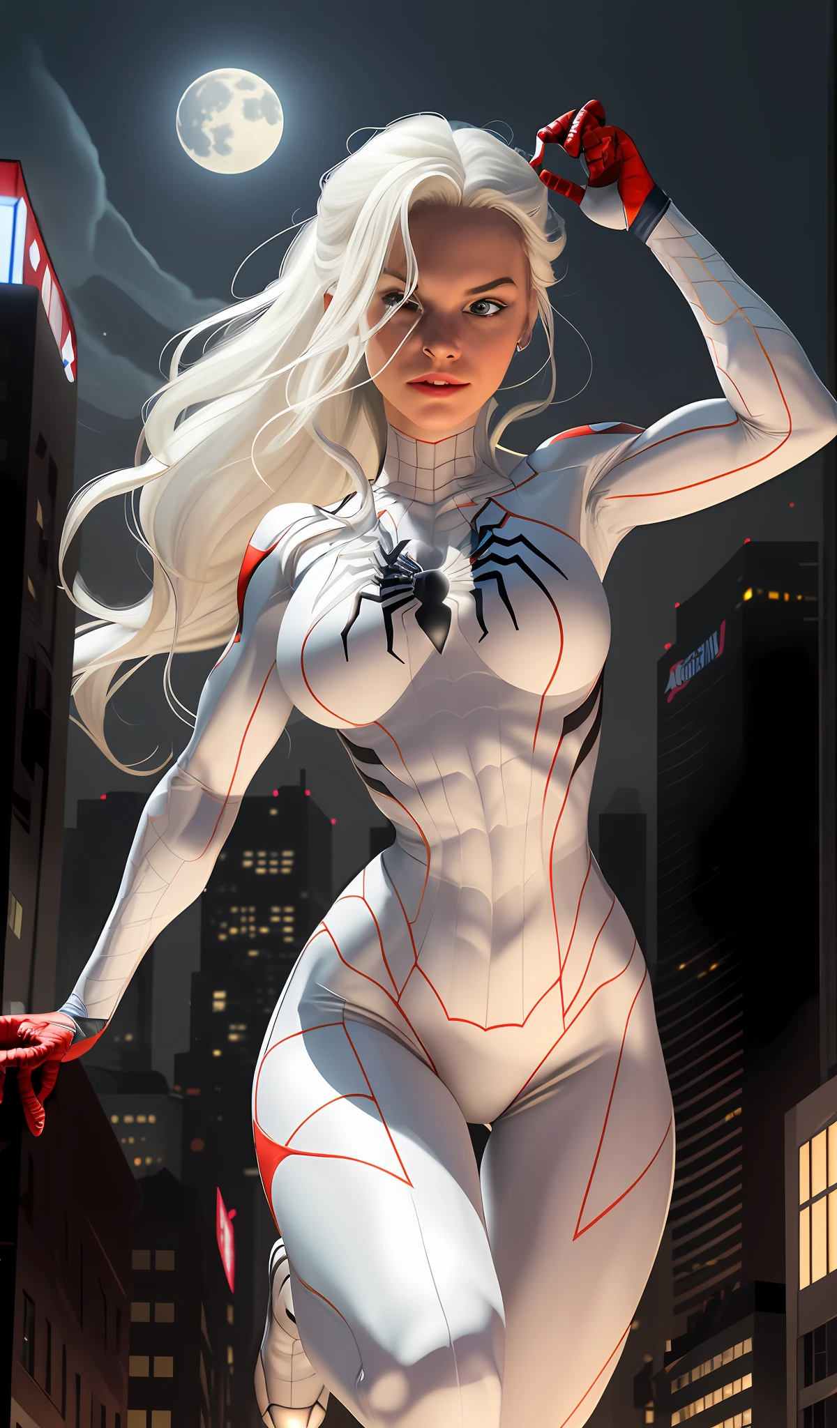 (Masterpiece, 4k resolution, ultra-realistic, very detailed), (White superhero theme, charismatic, there's a girl on top of town, wearing Spider-Man costume, she's a superhero), [ ((25 years), (long white hair:1.2), full body, (blue eyes:1.2), ((Spider-Man pose),show of strength, jumping from one building to another), ((sandy urban environment):0.8)| (cityscape, at night, dynamic lights), (full moon))] # Explanation: The Prompt mainly describes a 4K painting of ultra-high definition, very realistic, very detailed. It shows a superheroine at the top of the city, wearing a Spider-Man costume. The theme in the painting is a white superhero theme, the female protagonist has long white hair, is 25 years old and her entire body is shown in the painting. In terms of portraying the actions of superheroines, spiders are employed