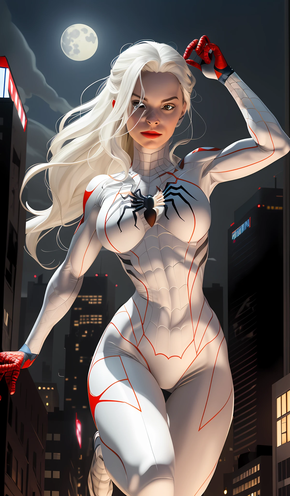 (Masterpiece, 4k resolution, ultra-realistic, very detailed), (White superhero theme, charismatic, there's a girl on top of town, wearing Spider-Man costume, she's a superhero), [ ((25 years), (long white hair:1.2), full body, (blue eyes:1.2), ((Spider-Man pose),show of strength, jumping from one building to another), ((sandy urban environment):0.8)| (cityscape, at night, dynamic lights), (full moon))] # Explanation: The Prompt mainly describes a 4K painting of ultra-high definition, very realistic, very detailed. It shows a superheroine at the top of the city, wearing a Spider-Man costume. The theme in the painting is a white superhero theme, the female protagonist has long white hair, is 25 years old and her entire body is shown in the painting. In terms of portraying the actions of superheroines, spiders are employed