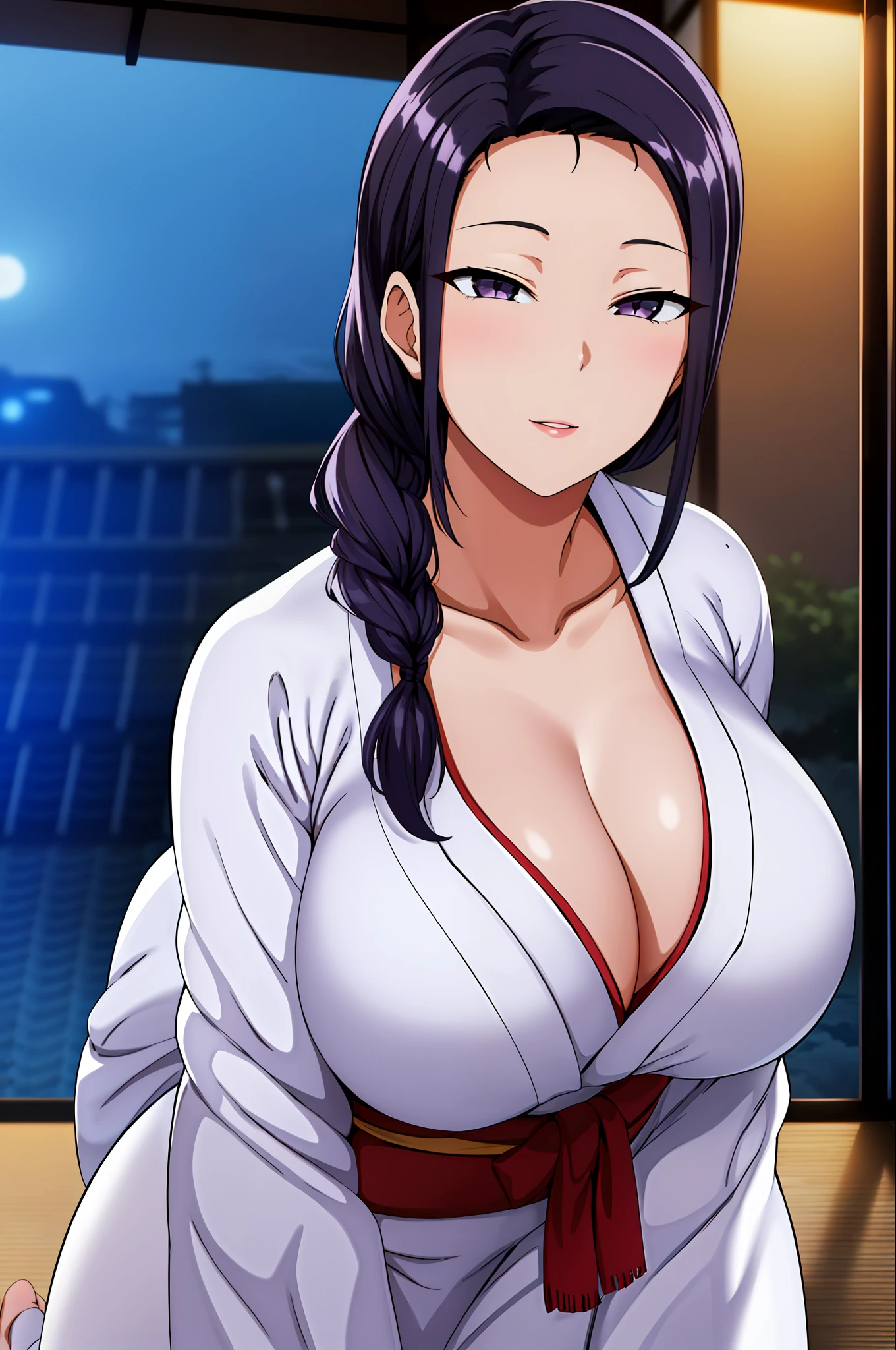 (Night:1.7), Japan, Tokyo, CityView, Before Window,
Standing at attention,
(White_kimono:1.3),cleavage,
black_hair, long_hair, hair_pulled_back,parted_lips,purple_eyes, braid,
1 girl, 24yo,mature female,Beautiful Finger,Beautiful long legs,Beautiful body,Beautiful Nose,Beautiful character design, perfect eyes, perfect face,
looking at viewer, in the center of the image,
NSFW,official art,extremely detailed CG unity 8k wallpaper, perfect lighting,Colorful, Bright_Front_face_Lighting,
(masterpiece:1.0),(best_quality:1.0), ultra high res,4K,ultra-detailed,
photography, 8K, HDR, highres, absurdres:1.2, Kodak portra 400, film grain, blurry background, bokeh:1.2, lens flare, (vibrant_color:1.2)
(Beautiful,large_Breasts:1.4), (beautiful_face:1.5),(narrow_waist),