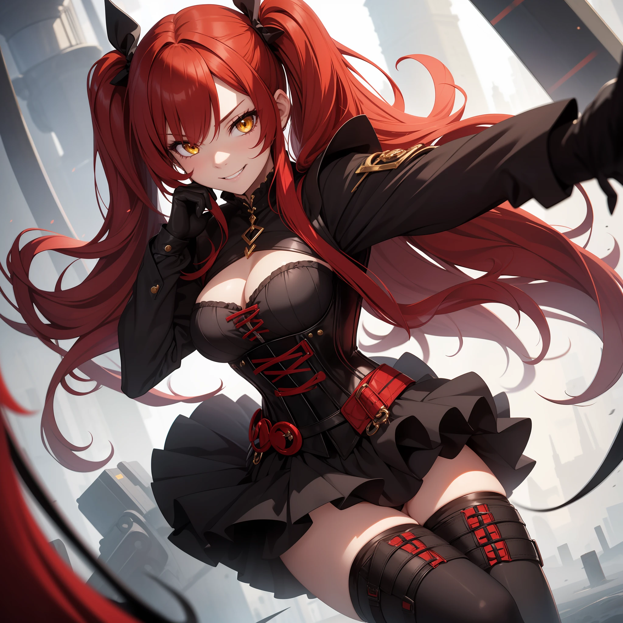 1girl, red hair, yellow eyes, corset, black skirt, black gloves, evil smile, twintails, black boots, thighs