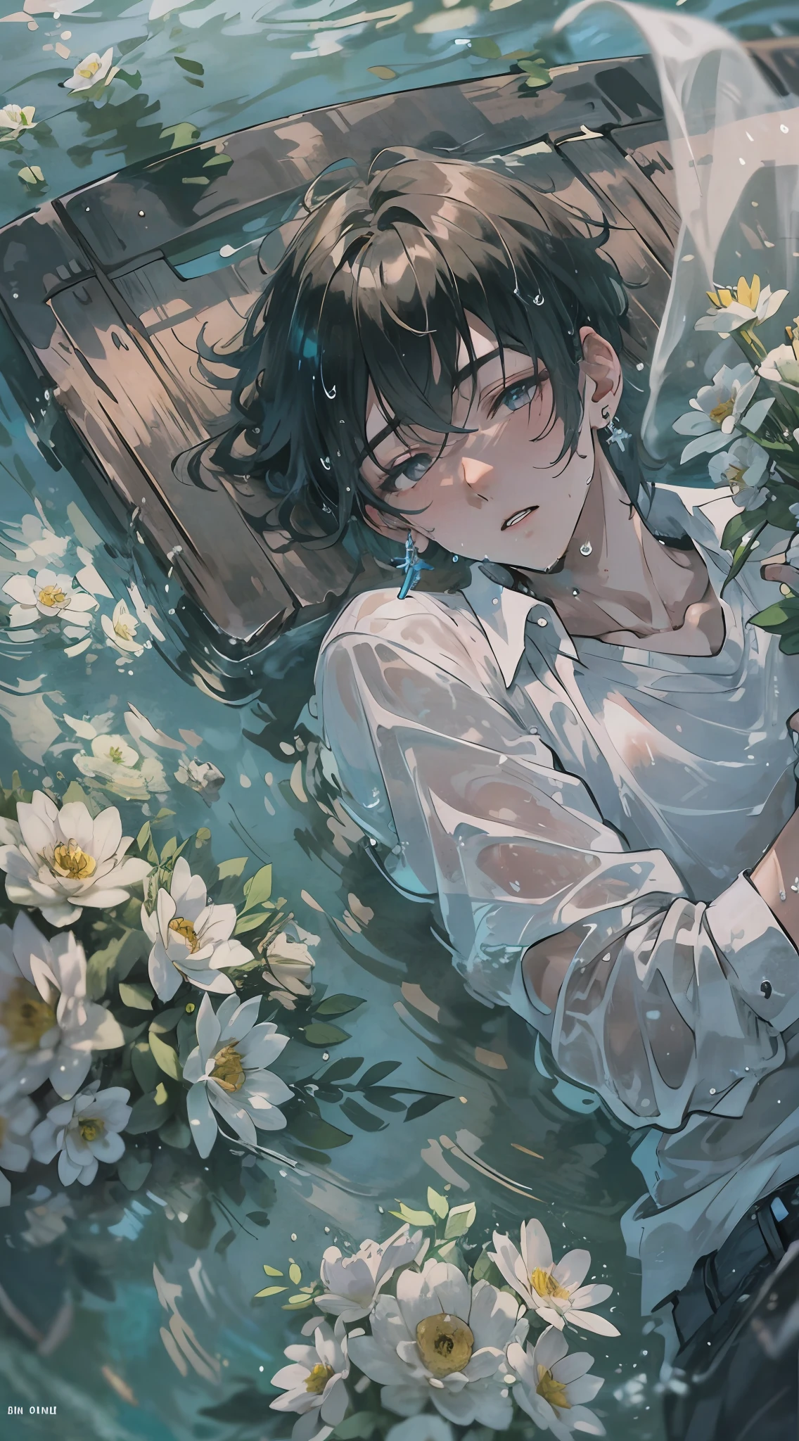 1boy, boy, teenager, young man, physically based rendering, professional lighting, extreme detail, white shirt, bouquet, cross earrings, lying on water, high brightness, refreshing, soft light, ((single))), (solo), lying down, wet, transparent shirt