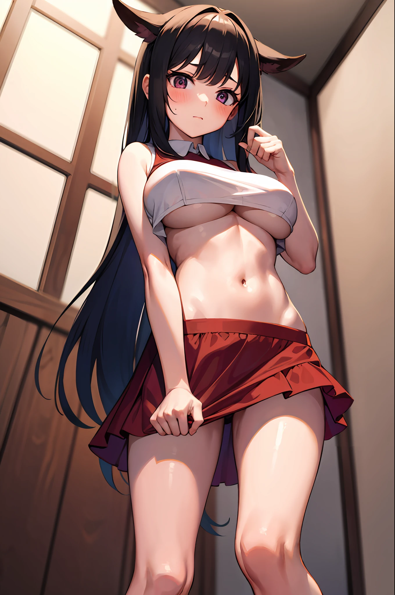 1girl, (clothes tug:1.4), implied pantyshot, hand between legs, Athletic body, underboob, big breast, clothes down, pajamas, Dark Red skirt, Community Center  , masterpiece, best quality, absurdres,