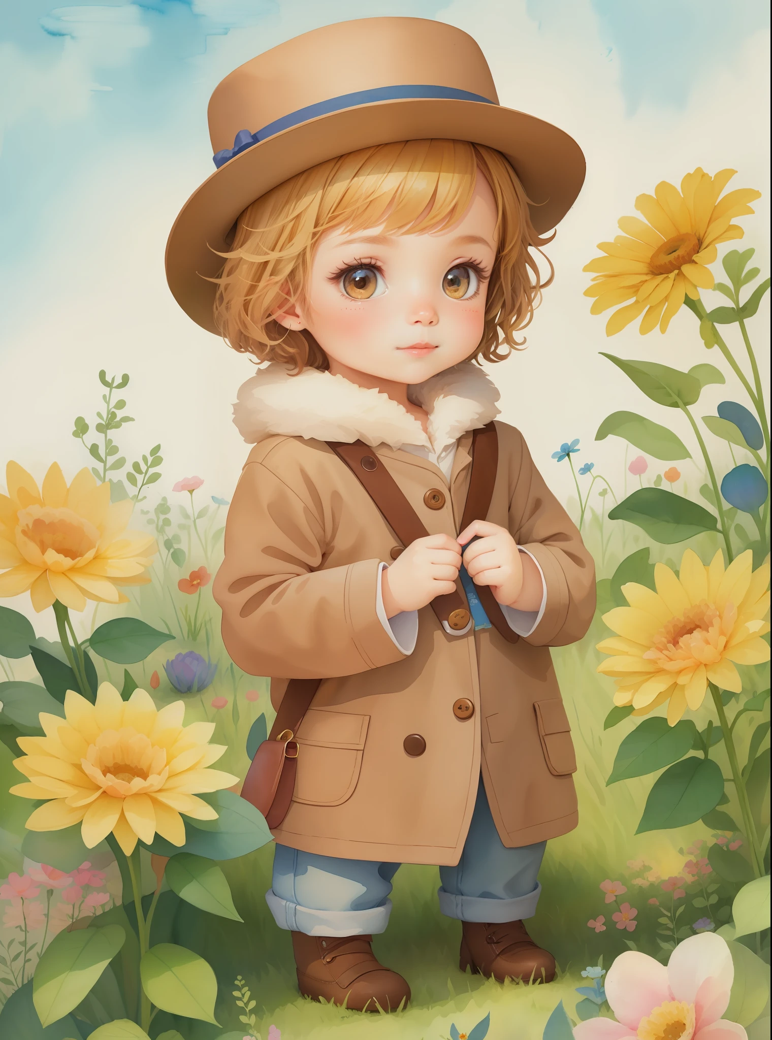 Painting of a cute little bear,With a hat and a flower in his hand, cute storybook illustration, childrens book illustration, children,illustrated in whimsical style, watercolor illustration,
