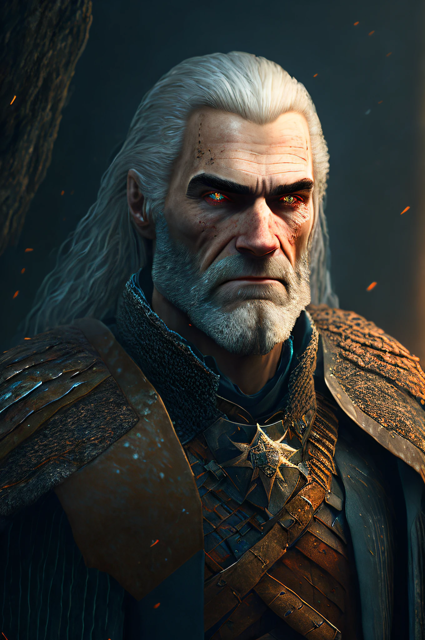 Geralt de rivia, cinematic, detalhes finos, 8k, (foto escura: 0,7), Subsurface dispersion, (ambient lighting: 1,3), (ArtStation: 1,3)