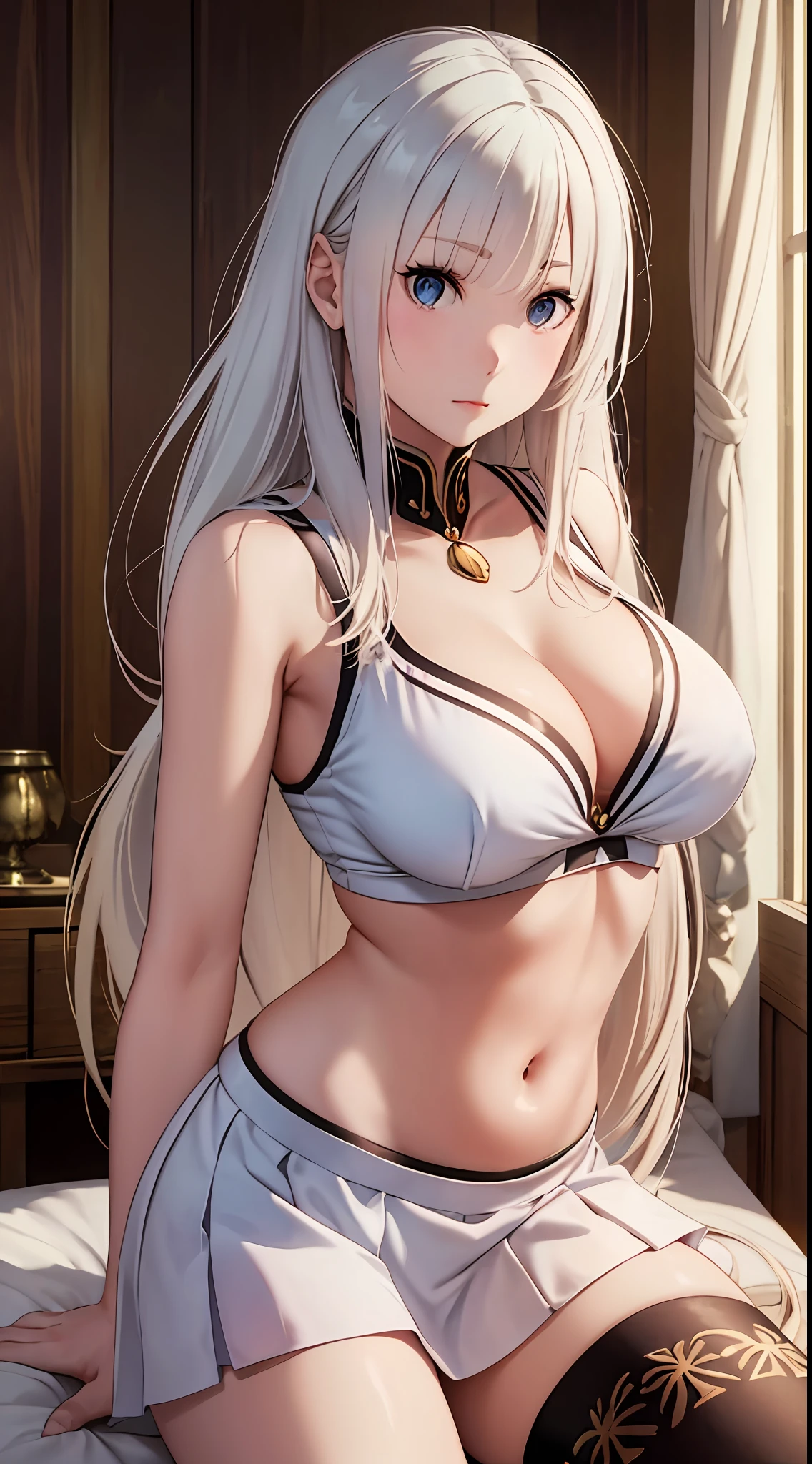 White hair, short skirt, cleavage, medium breast, navel, long hair, slim legs, emilia, beautiful eyes, sunny day, bedroom