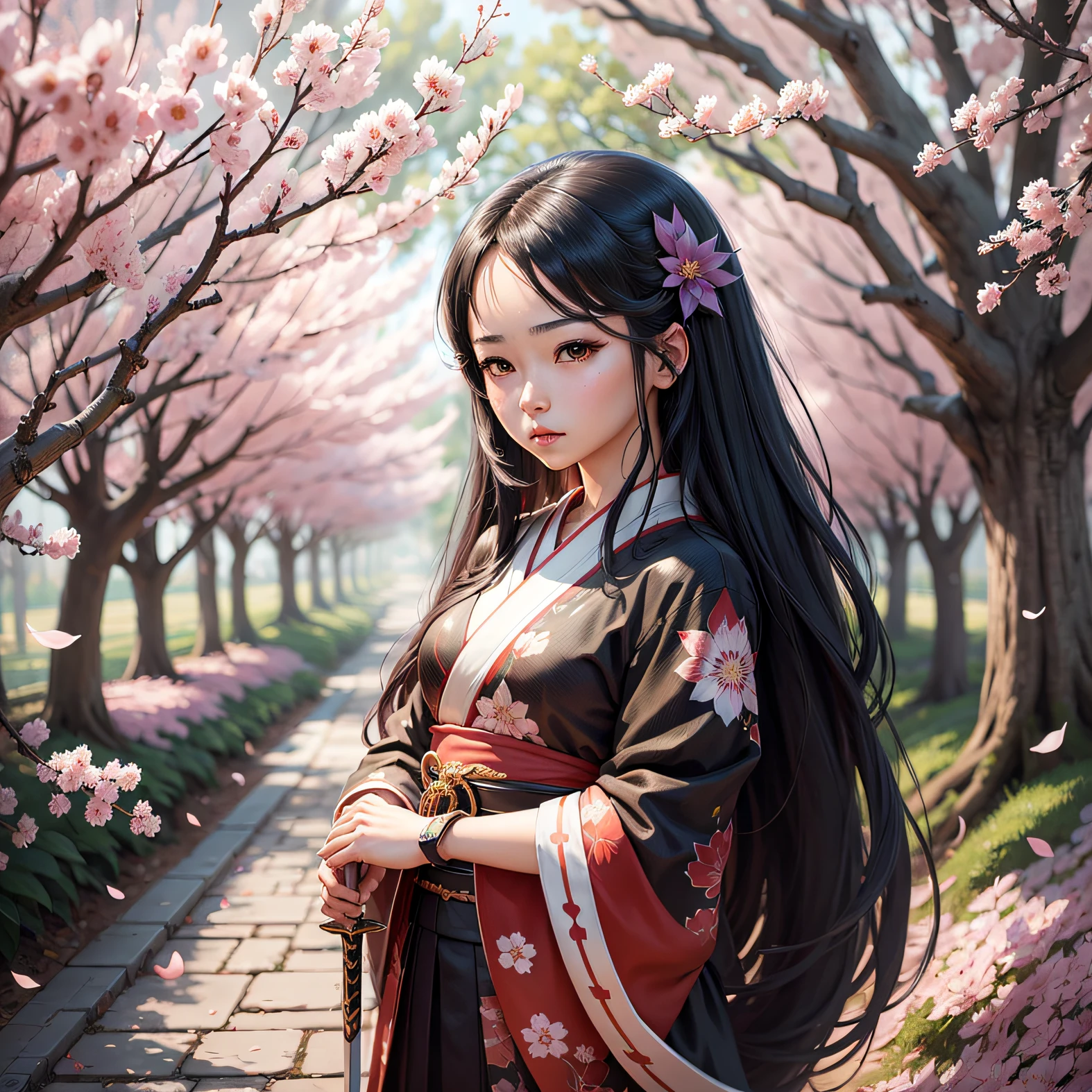 (digital painting),(best quality), serene Japanese girl, cherry blossoms in full bloom,, Deviant Art popular, 8k ultra-realistic, pastel color scheme, soft lighting, golden hour, tranquil atmosphere, landscape orientation