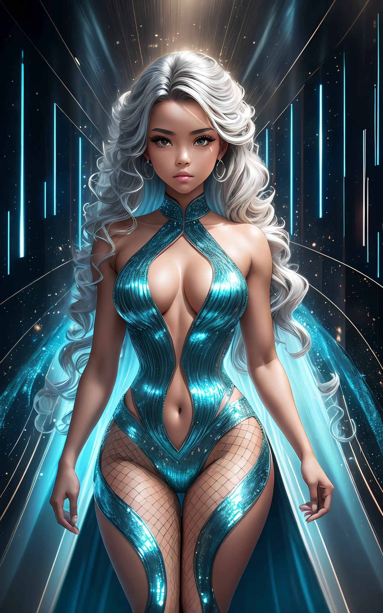 award winning 64k concept art of (black 1girl:1.2) in light blue majestic open dress standing bravely, turned head to the side, posing, epic, god rays, centered, upper body, (masterpiece:1.2), (best quality:1.2), Amazing, highly detailed, beautiful, finely detailed, warm soft color grading, Depth of field, extremely detailed 64k, fine art, stunning, iridescent, shiny, (light reflections:1.2), (crisp:1.5), silver curls, storm, vibrant, sunlit, (edge detection:1.2), absurdres, impressive, 120mm, outlining, wide thighs, mirrors, luminous, mirrors in the background, glitter