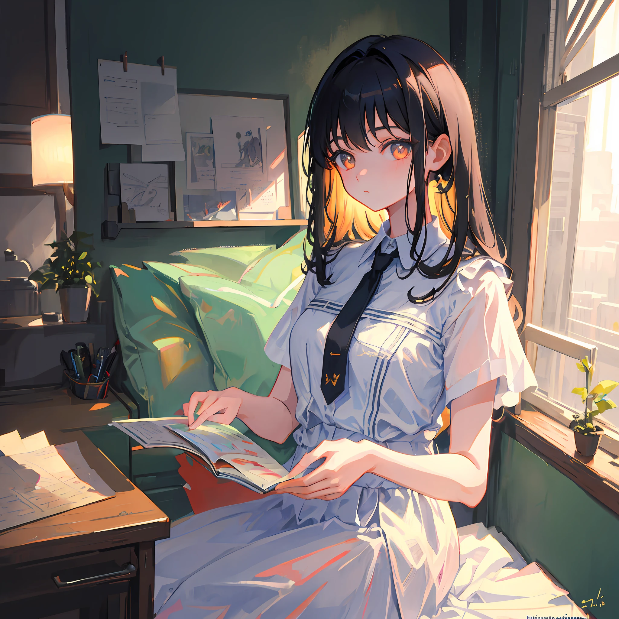 (masterpiece, best quality: 1.4), ultra-detailed, illustration,
(solo,1girl,li:1.2),
Interior, Long Hair, Black Hair