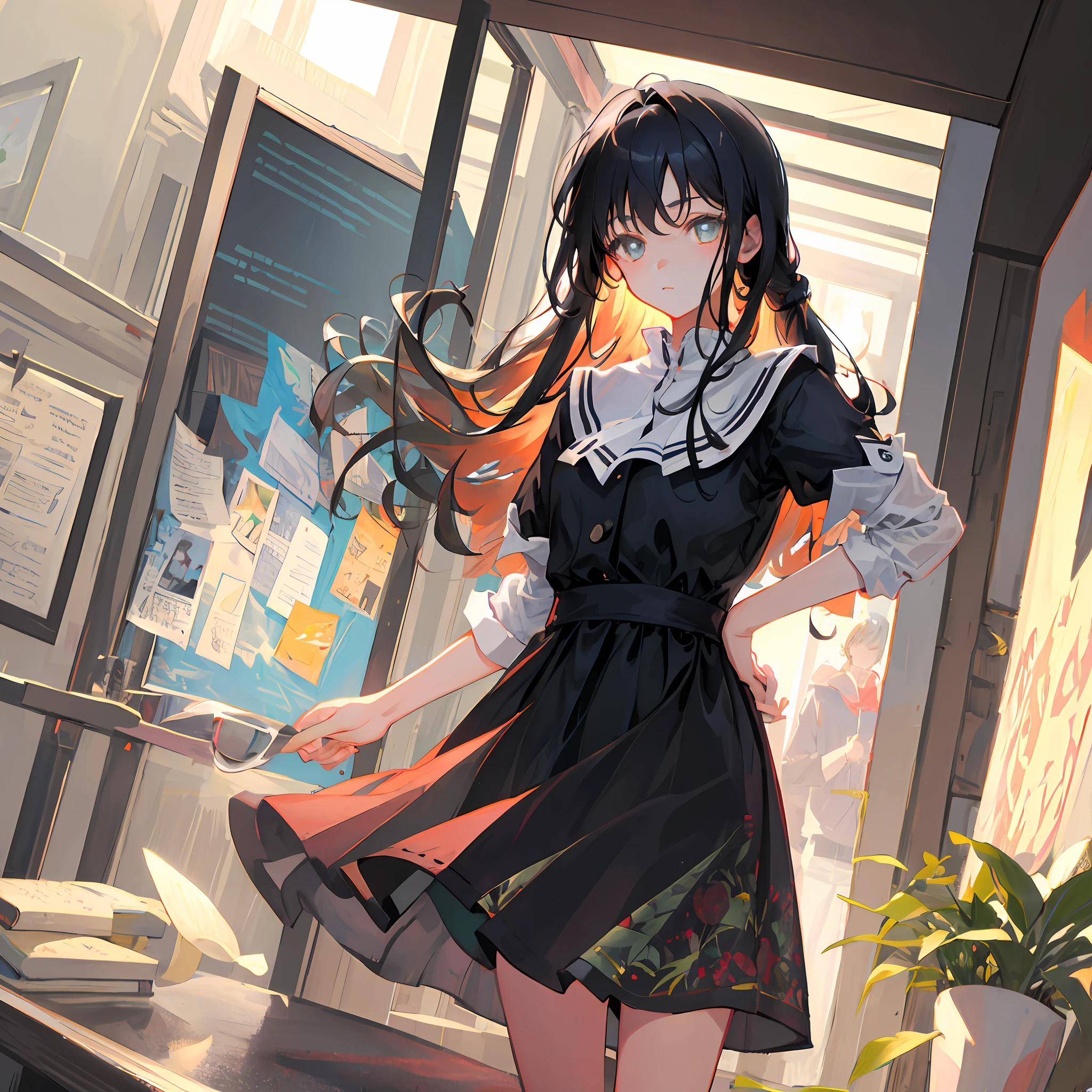 (masterpiece, best quality: 1.4), ultra-detailed, illustration,
(solo,1girl,loli:1.2),
Interior, Long Hair, Black Hair