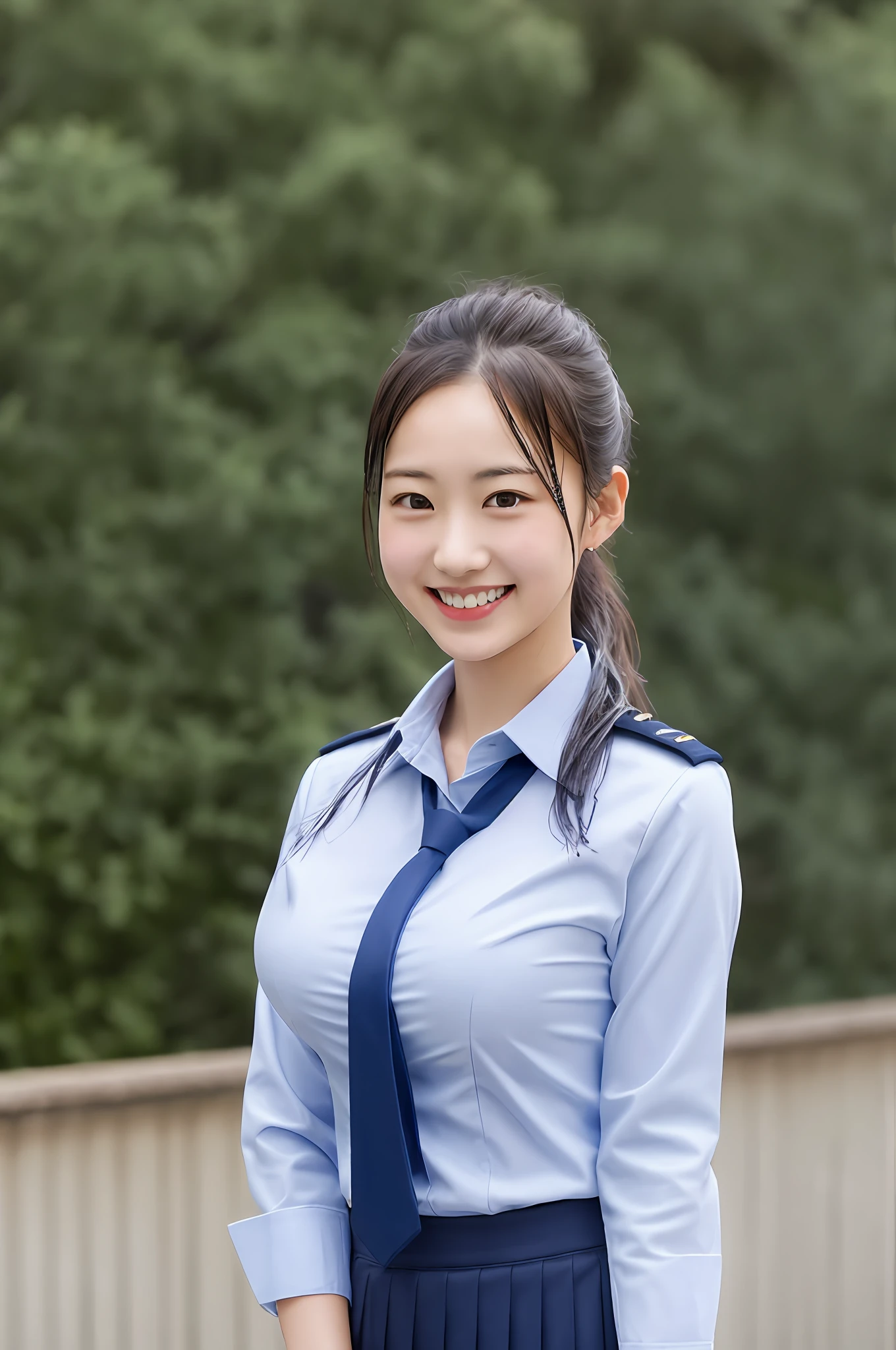 big breasts, big, ponytail, uniform, navy blue tie, navy blue skirt, light blue shirt, gravure idol, school, wet, smile