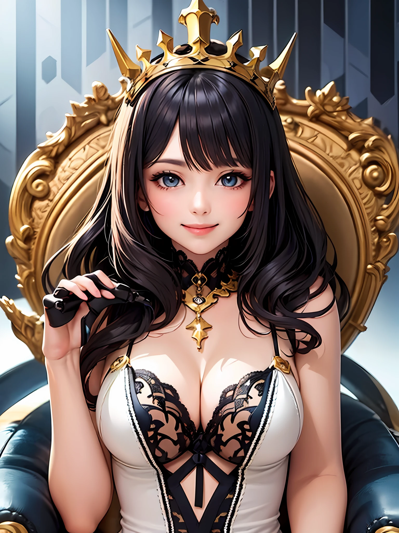 a woman playing (chess:1.2), intricate epic, magic aura,  concept art, portrait, queen, 1girl, abstract background, teasing smile, wink, seduction