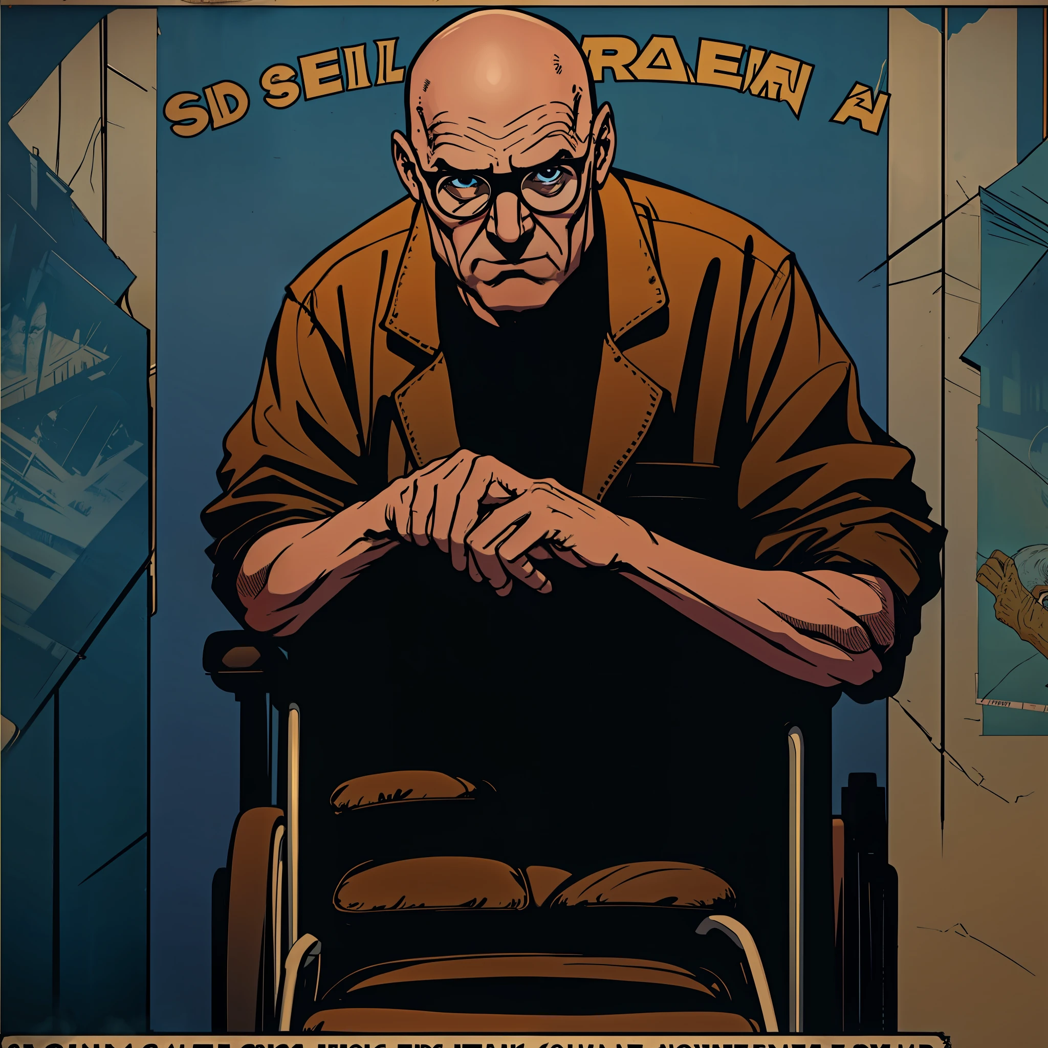 Old bald man wearing glasses in his wheelchair with his fingers intertwined with each other. (((Serial style poster)))