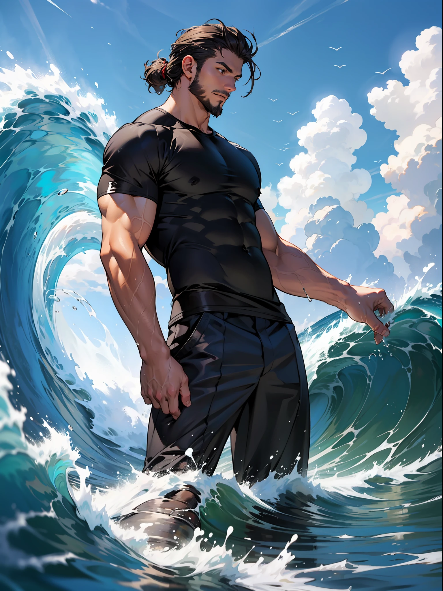 Poseidon in casual outfit with short beard, modern poseidon, hydropkinesis, water flying, ocean, big waves, water splash, greek god of water, shotr hair, stainding on water,