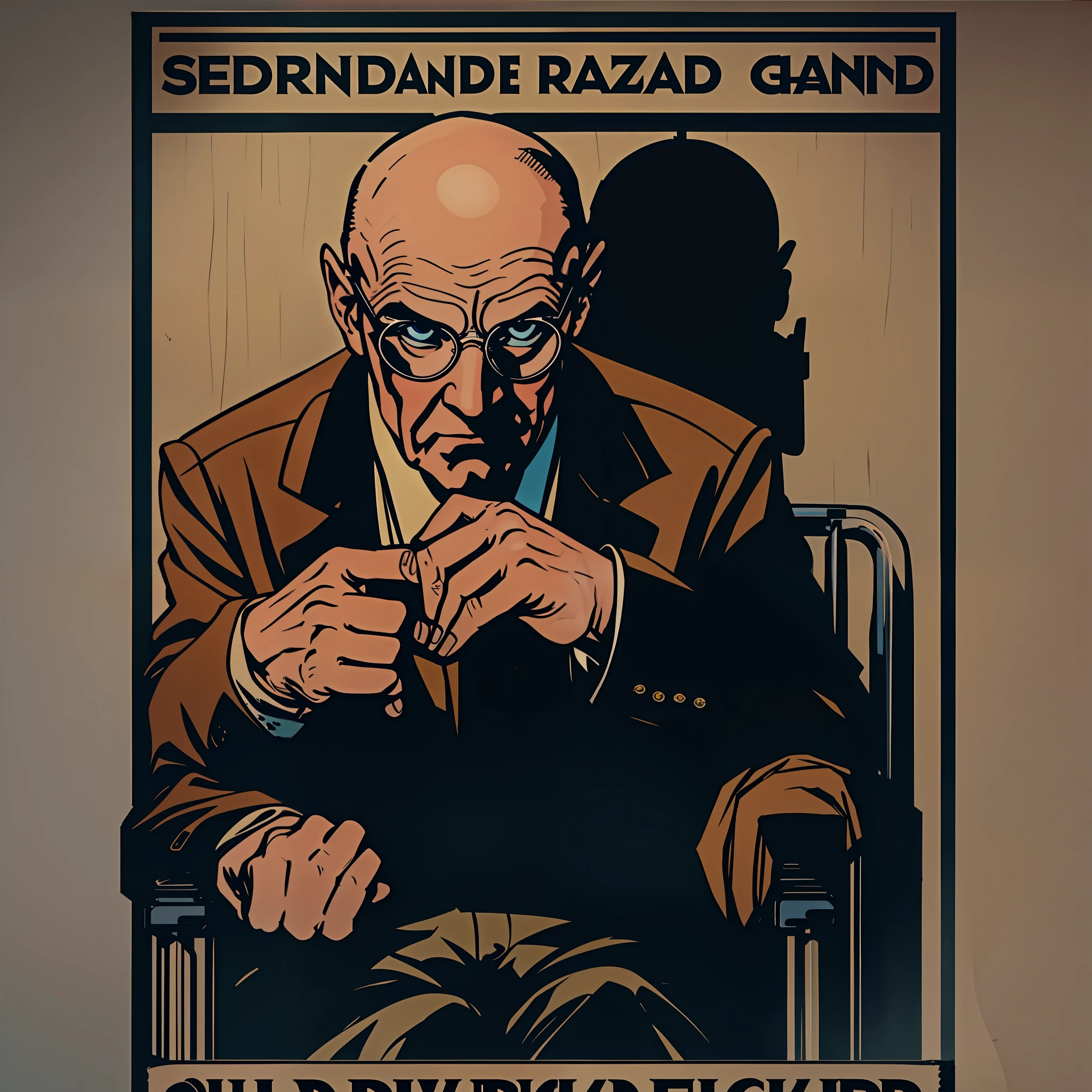 Old bald man wearing glasses in his wheelchair with his fingers intertwined with each other. (((Serial style poster)))