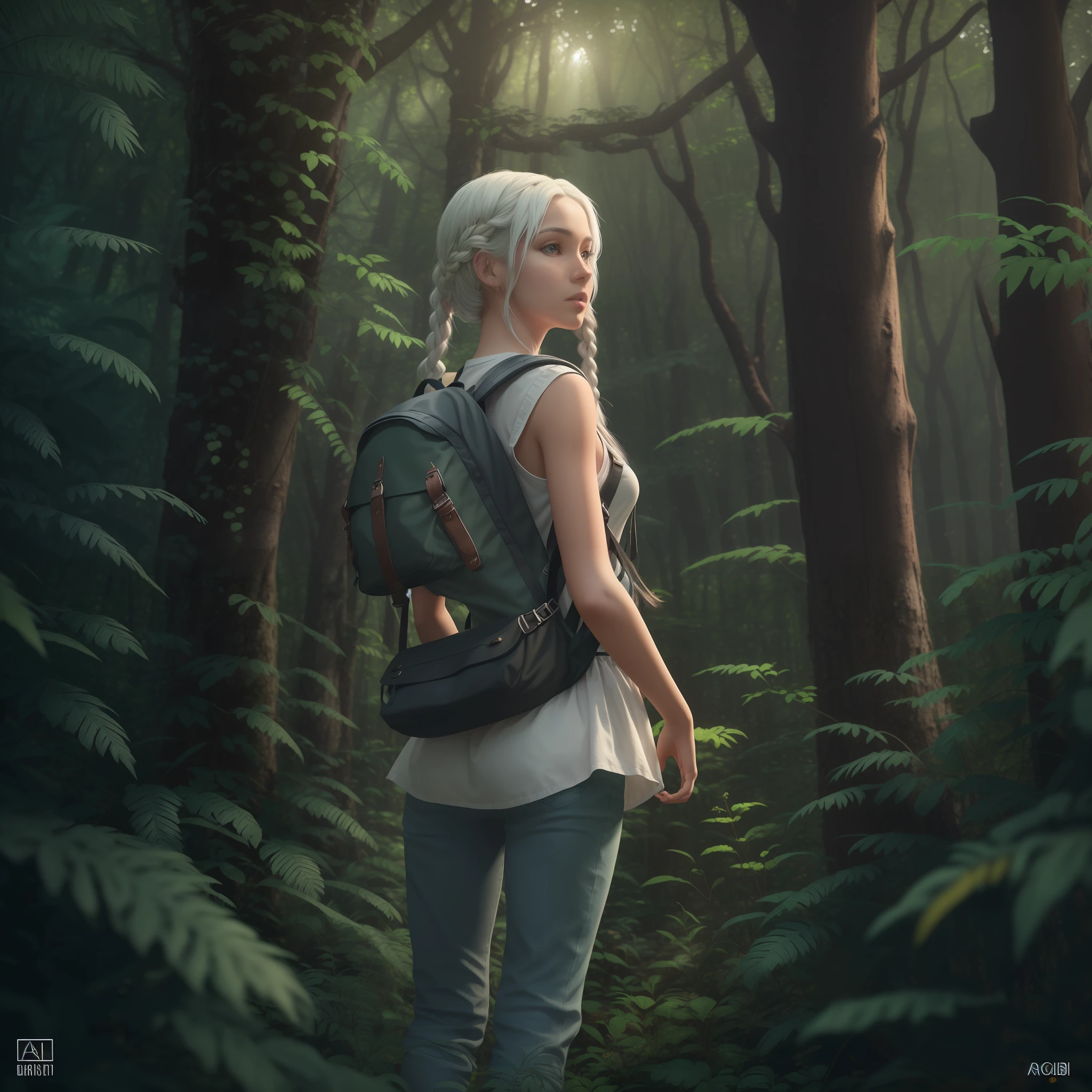 ((best quality)), ((masterpiece)), ((realistic)), A young black girl with white hair in braids, dressed as an adventurer, standing in a forest background. She exudes confidence and curiosity, with a backpack filled with exploration tools. The environment is a dense, lush forest with towering trees and sunlight filtering through the leaves. The mood is adventurous and mysterious, evoking a sense of discovery and wonder. The style is illustration, capturing the vibrant colors and playful details of the scene. --ar 16:9 --v 5, The artwork is a high-definition, 4K masterpiece on eye level, scenic, and a true masterpiece.