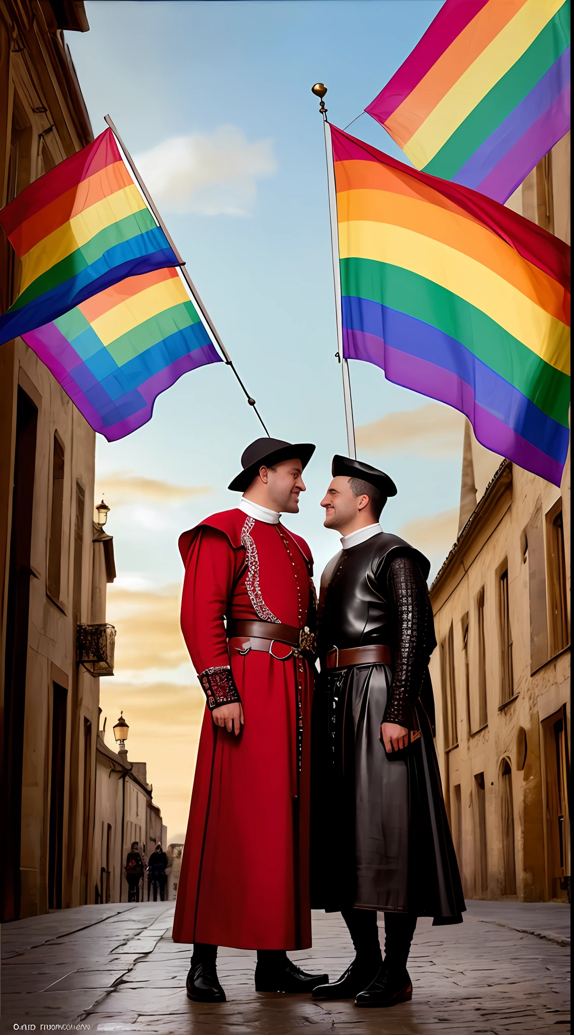 (best quality, high resolution, oil painting, official art:1.2), depiction of diverse (homosexual male couples:1.1), clad in medieval leather attire with iron buttons 13th-century design, set in 13th-century France, (rainbow flags proudly displayed:1.2), late sunset casting warm hues, gentle light illuminating their love, medieval streets and buildings, attention to intricate details, realistic style, celebrating the power of love in all its forms.