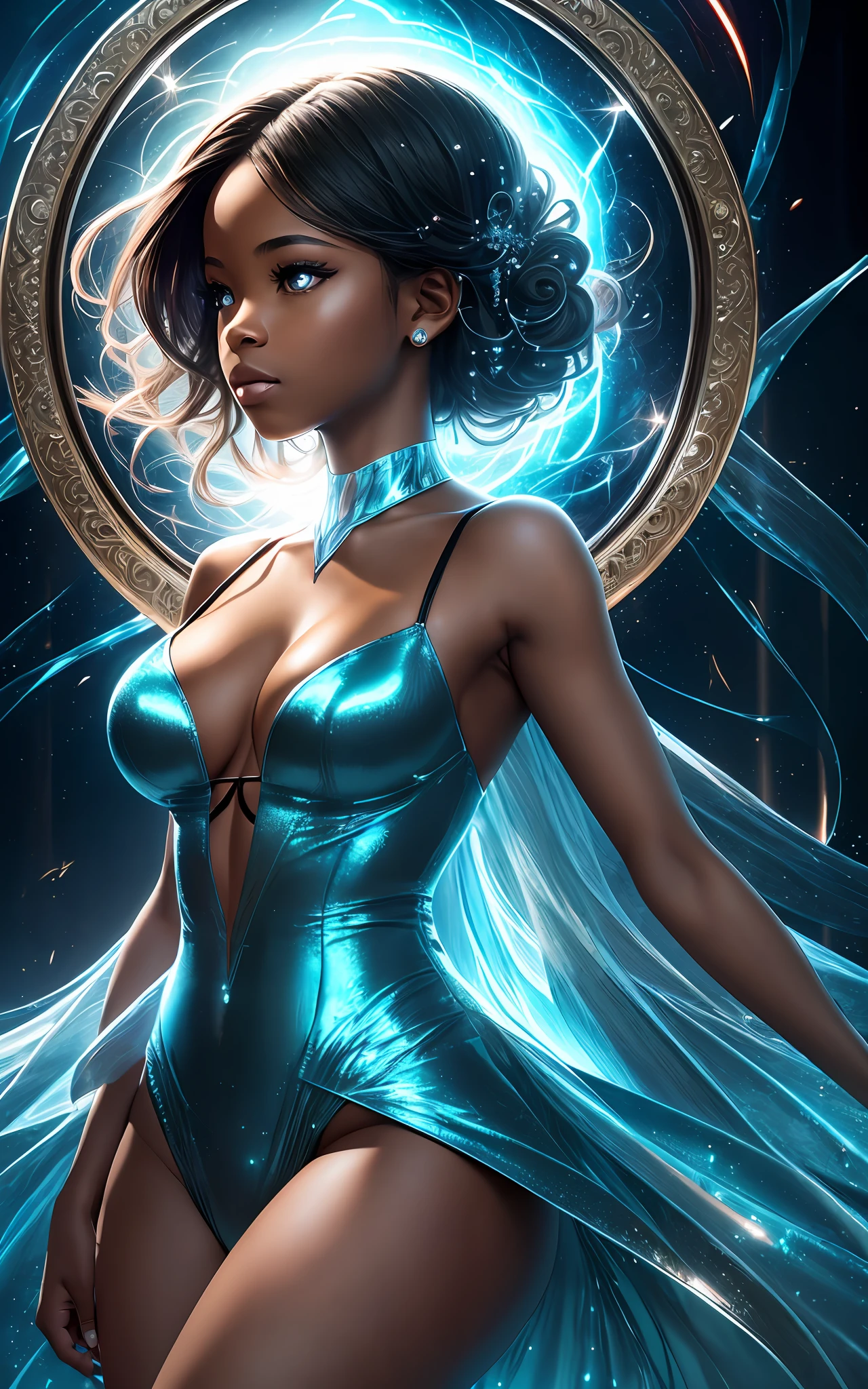award winning 64k concept art of (black 1girl:1.2) in light blue majestic open dress standing bravely, turned head to the side, posing, epic, god rays, centered, upper body, (masterpiece:1.2), (best quality:1.2), Amazing, highly detailed, beautiful, finely detailed, warm soft color grading, Depth of field, extremely detailed 64k, fine art, stunning, iridescent, shiny, (light reflections:1.2), (crisp:1.5), silver curls, storm, vibrant, sunlit, (edge detection:1.2), absurdres, impressive, 120mm, outlining, wide thighs, mirrors, luminous, mirrors in the background, glittering, reflections