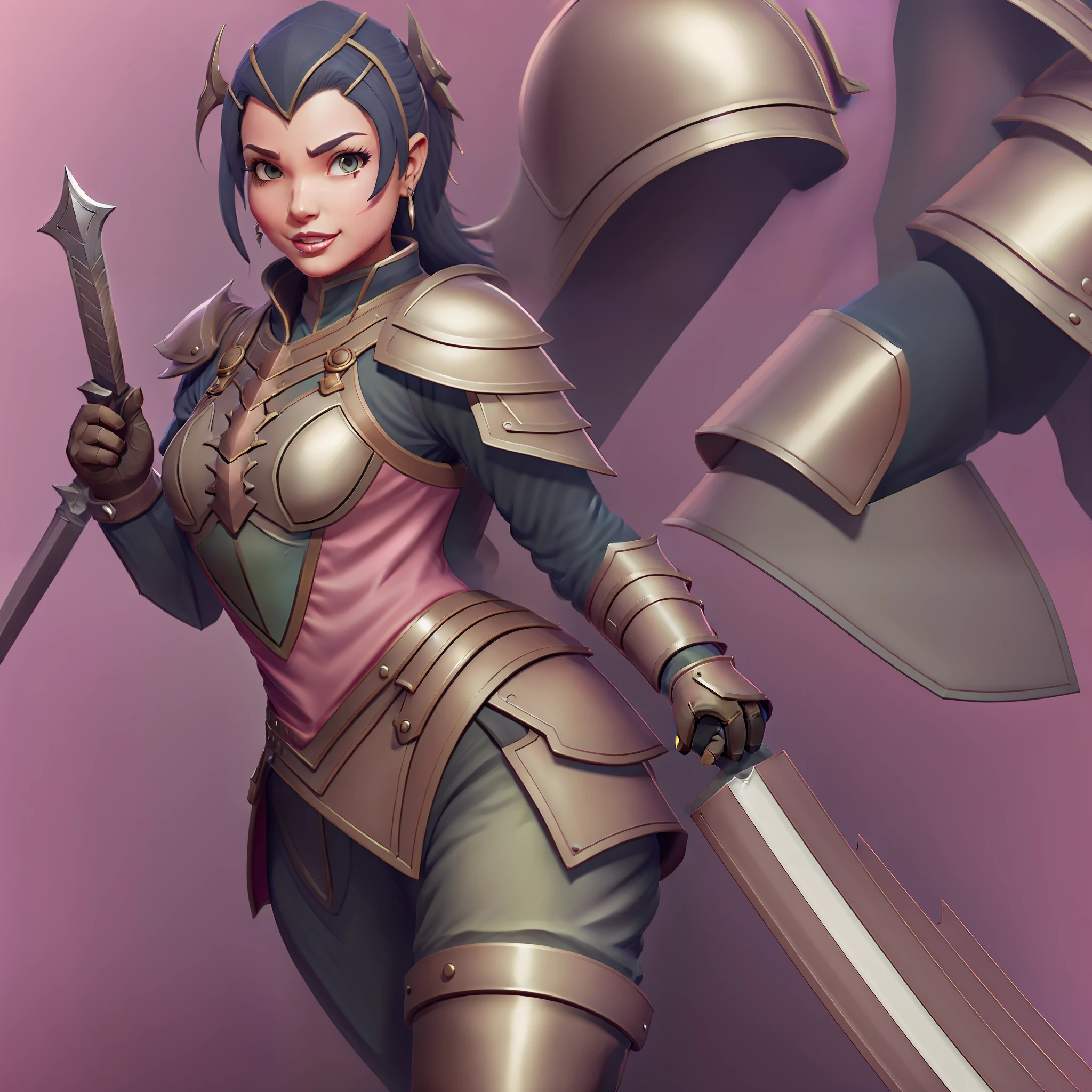 a close up of a cartoon character with a sword in her hand, some curved armor, thick armor, fuchsia skin beneath the armor, character art closeup, slick pink armor, full body details, streamlined pink armor, full body concept, detailed full body concept, clean cel shaded, heavy outlines, fuchsia skin below the armor, photogenic details on armor