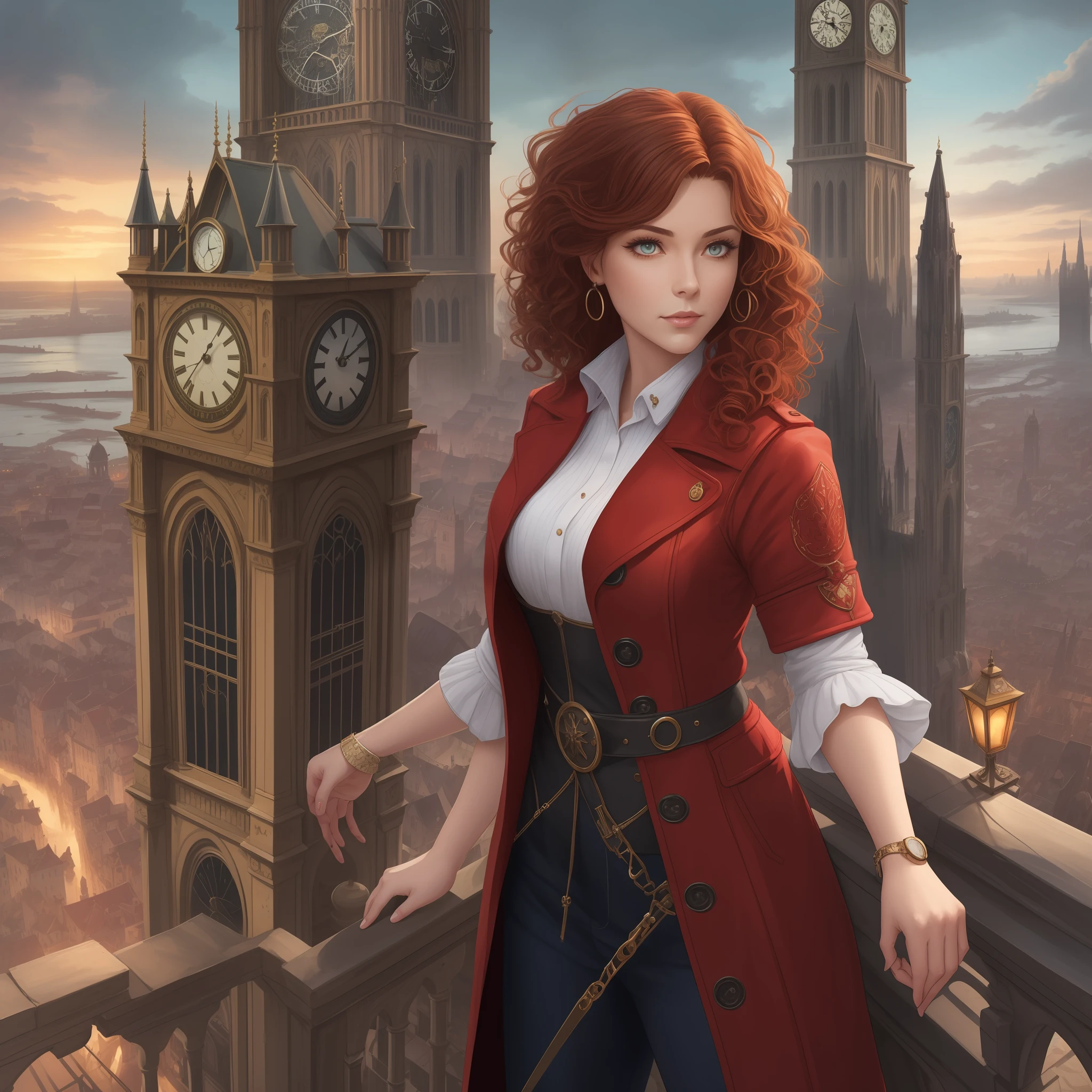 A woman, curly coppery hair, very pretty, wears a red overcoat over black trousers and blouse, on top of a tall clock tower, sideways to the viewer, watches the city below. the city is aetherpunk with hints of technology and magic, of a fantasy world, RPG book portrait, high quality DND illustration, detailed fanart --auto --s2