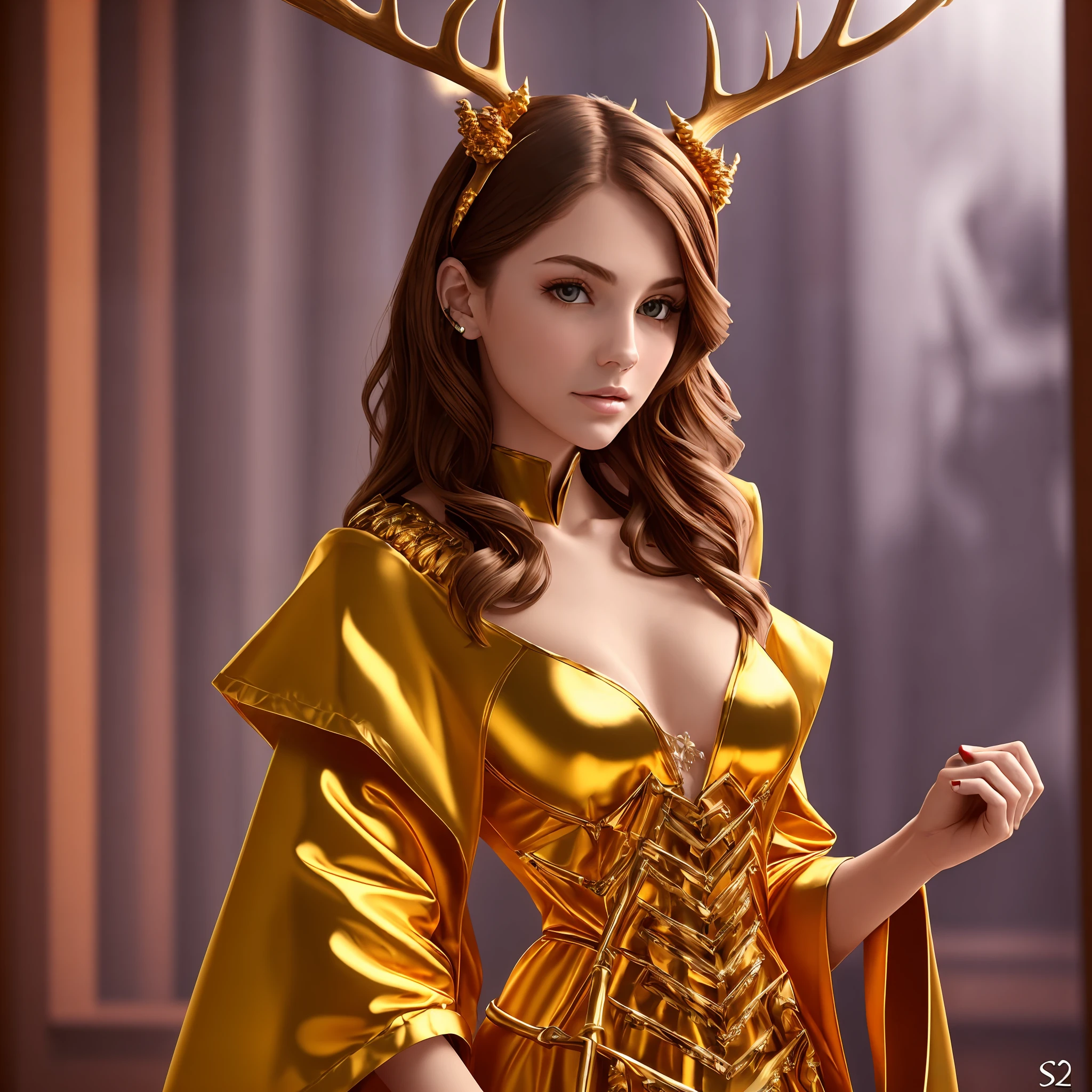 A flat-chested, flat-chested woman with antlers wearing a robe with a golden skeleton on her shoulders --auto --s2