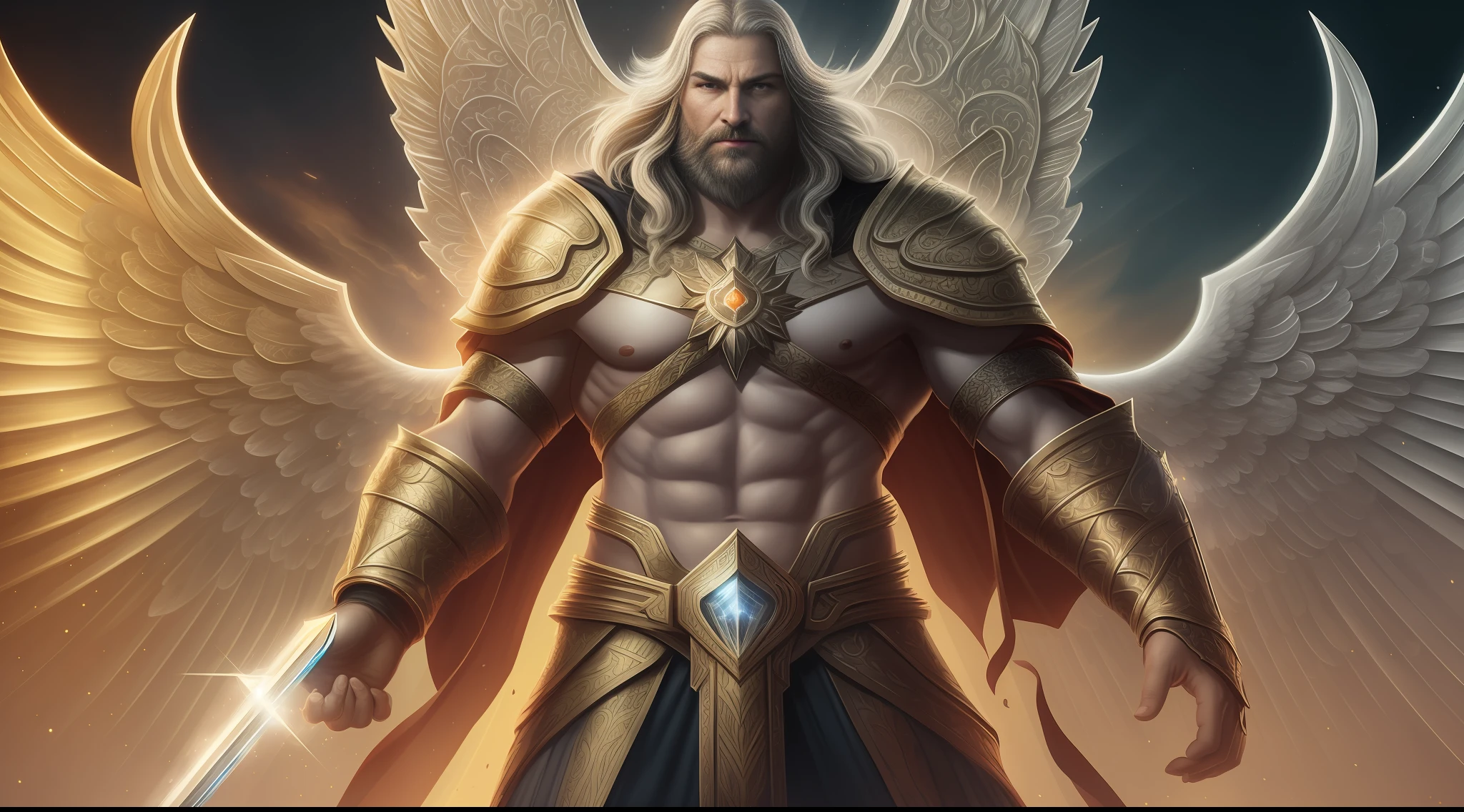 super high resolution, best quality, photo, 8k, (photorealistic: 1.2), cinematic lighting, An old man shaped like a fantz wlop, giant man with beard in bright white robes and floating on the crystal throne floating on crystal clouds, yellow eyes, bright yellow light emitted from the throne, precious stones floating in the sky, God, with beams of light enveloping his body,  with large translucent, feathered wings on the crystal throne, wings are open, golden light (halo:1.2) over your head, abdominal muscles dressed in medieval golden armor, beard, masculine, dark, masterpiece, best quality, intricate details, snow environment and crystals in the background, crystal cathedral, portal of the future, 3D light, HD, magic, god of light, backlighting,  detailed face, DREAD, depth of field, soft lighting, tone mapped, highly detailed, concept art, smooth, sharp focus, dramatic lighting, highly detailed art, cinematic, 8K, amazing shadows (highly detailed background: 1.2)