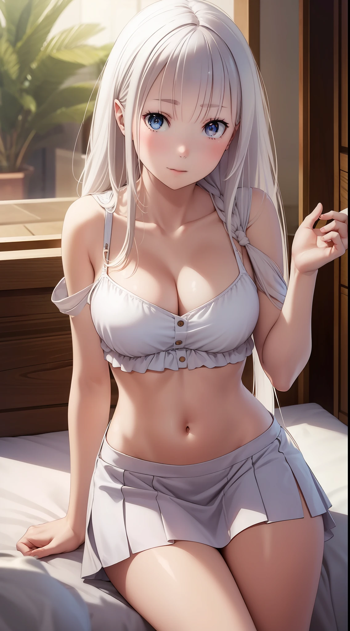 White hair, short skirt, cleavage, medium breast, navel, long hair, slim legs, emilia, beautiful eyes, sunny day, bedroom