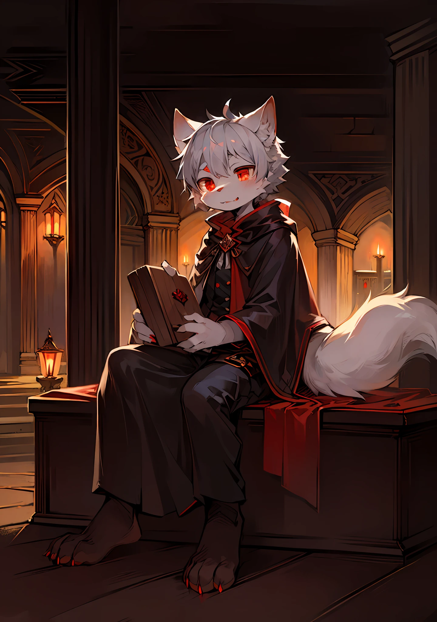(dark environment:0.8),masterpiece, high quality, absurd res, digital painting \(artwork\), by dagasi, yupa,kiyosan,(anthro,fluffy fur,character focus:1.1),anthro male cat,short hair,portrait, bright eyes,panorama,character focus.(detailed background:0.7),solo,furry,furry male ,male focus,anthr,(Full body fur, fluffy tail, white fur,red eyes,gray hair:1.2),(long canines,vampire, cape:1.2),(interior,night, castle, coffin:1.1)
