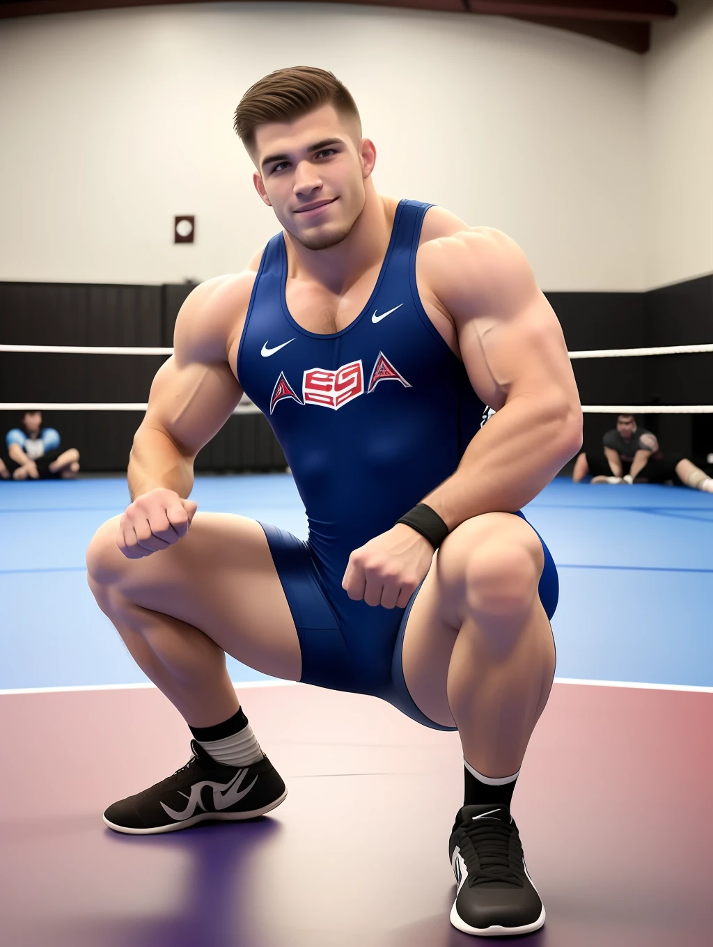 light brown short messy hair, realistic photography, handsome, masculine, beefy, American college wrestler, small stubble, indoor gymnasium, sporty atmosphere, crowded indoor gymnasium, complex luxury background, little smile, smirk, friendly face, fitted, 20 years young man, American college wrestling uniform, alpha, American college wrestler, light brown short messy hair, cinematic shot, dim light, chains, Shackles, intricate details, athletic physique, simple neckline, extreme hairy chest, vintage aesthetic, mysterious aura, indoor, masterpiece, lightroom, posing, barbaric king, hairy armpit, wearing American college wrestling clothing, little fat, big bulge on sport pants, spread legs, posing, extremely dynamic action poses, college wrestling